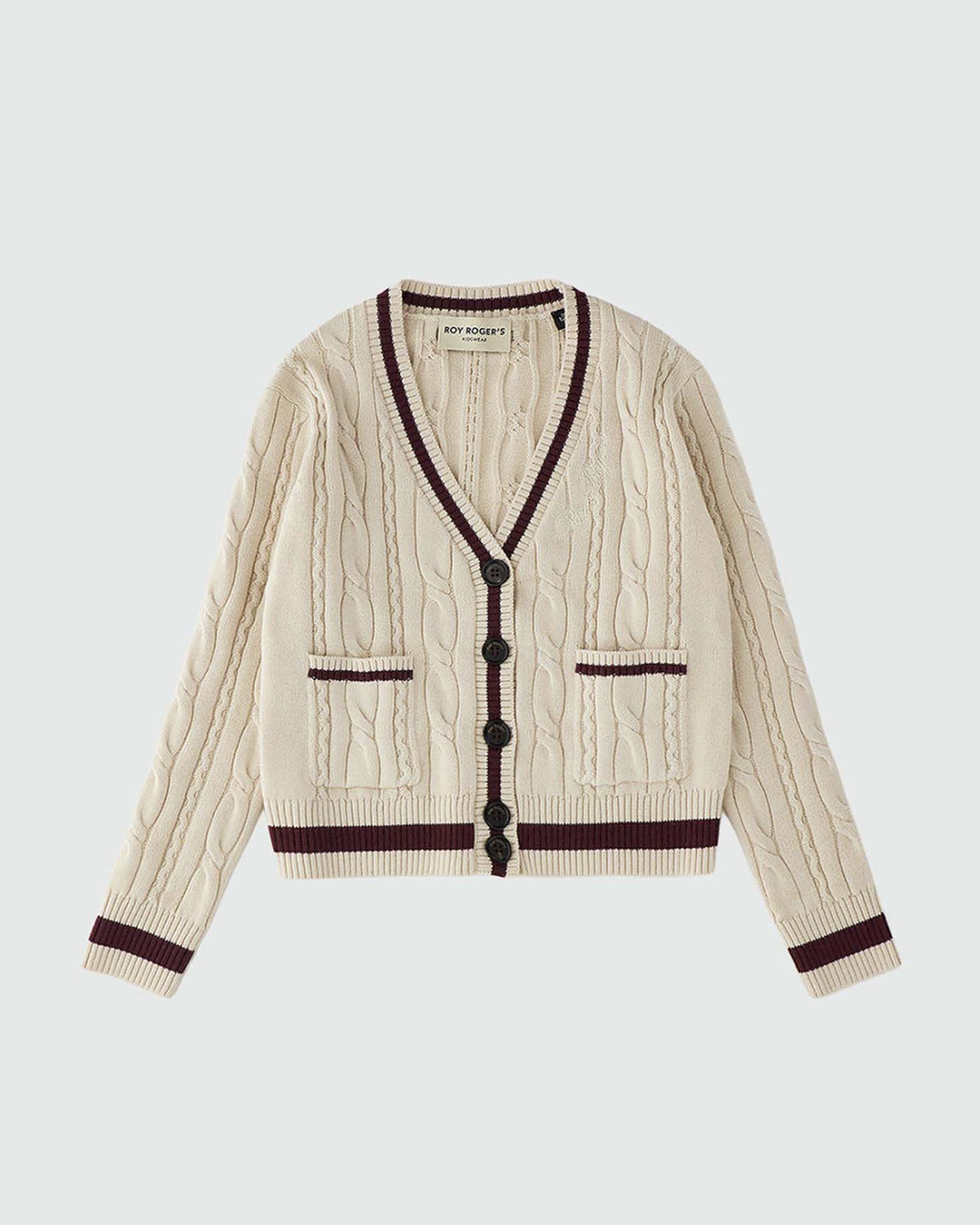Cardigan Roy Roger's color ecrù con trecce e dettagli bordeaux