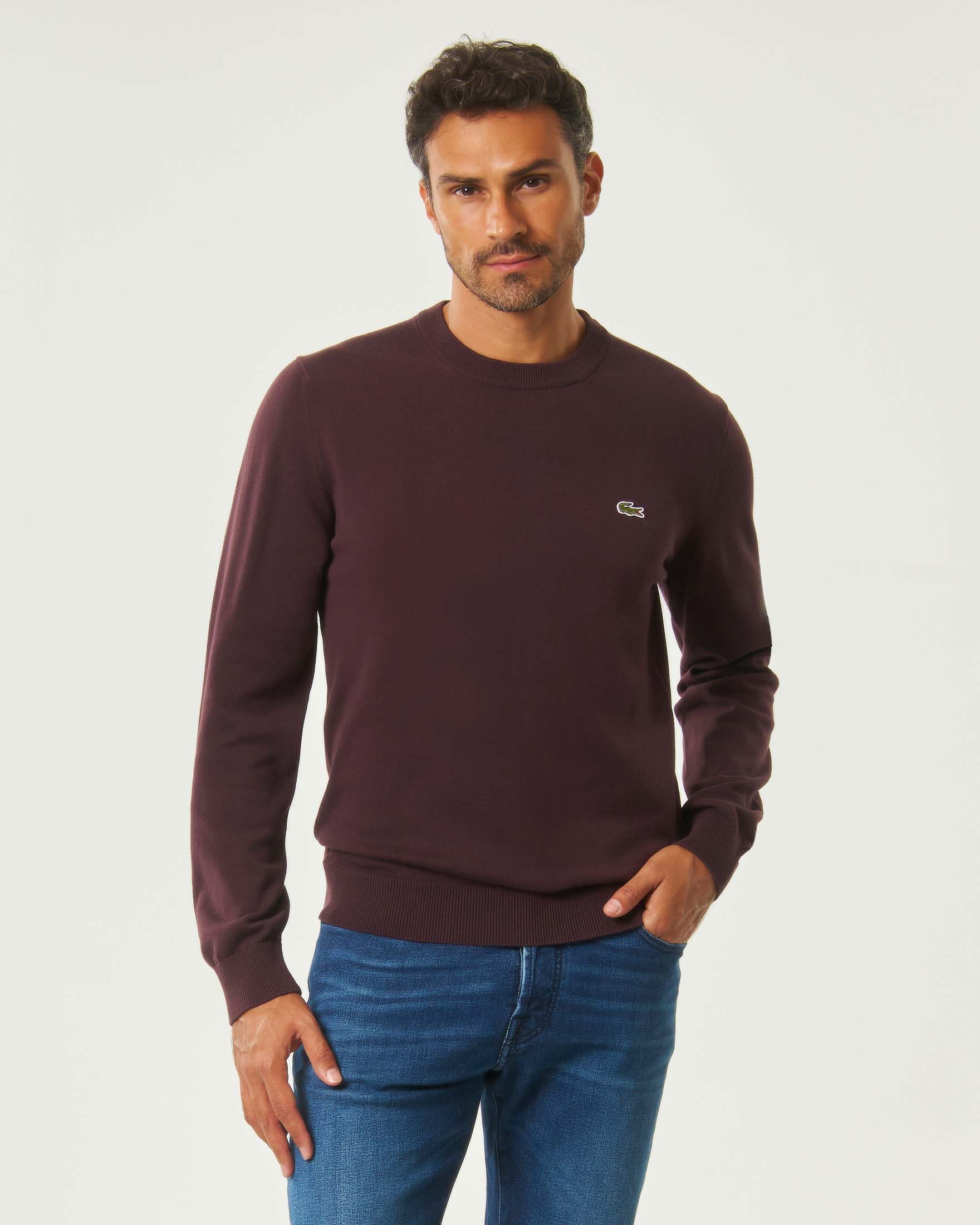 Maglia girocollo Lacoste bordeaux regular-fit in cotone con logo ricamato sul petto