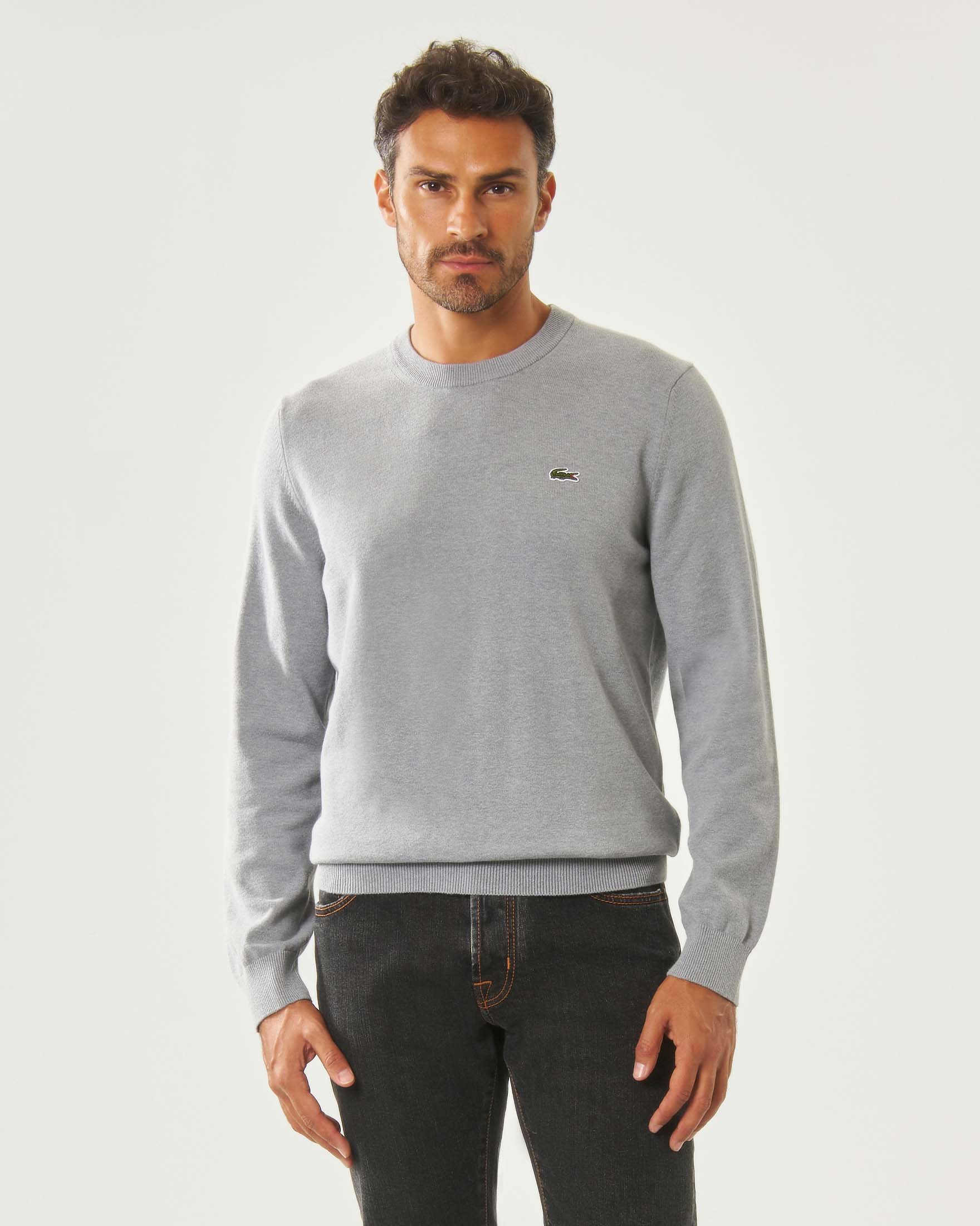 Maglia girocollo Lacoste grigia regular-fit in cotone con logo ricamato sul petto