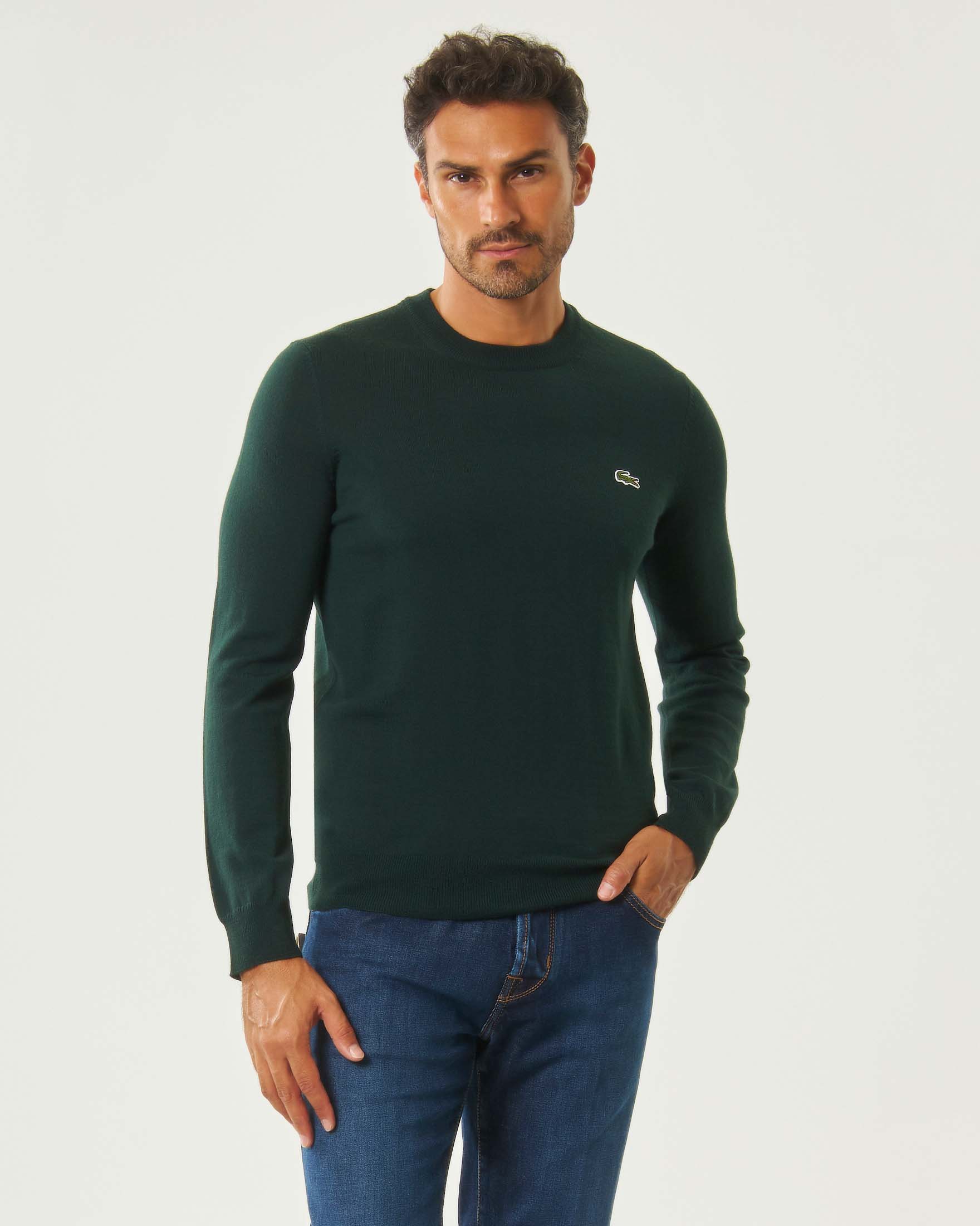 Maglia girocollo Lacoste verde bottiglia in misto lana