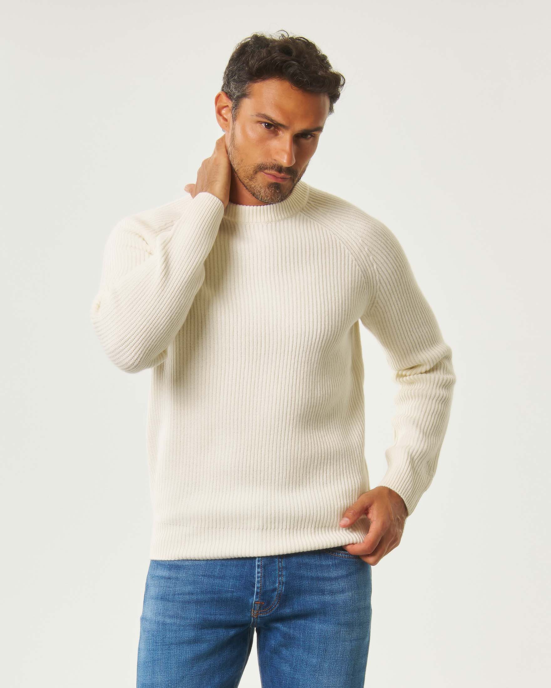 Maglione girocollo color panna MC2 Saint Barth in pura lana a coste con manica raglan