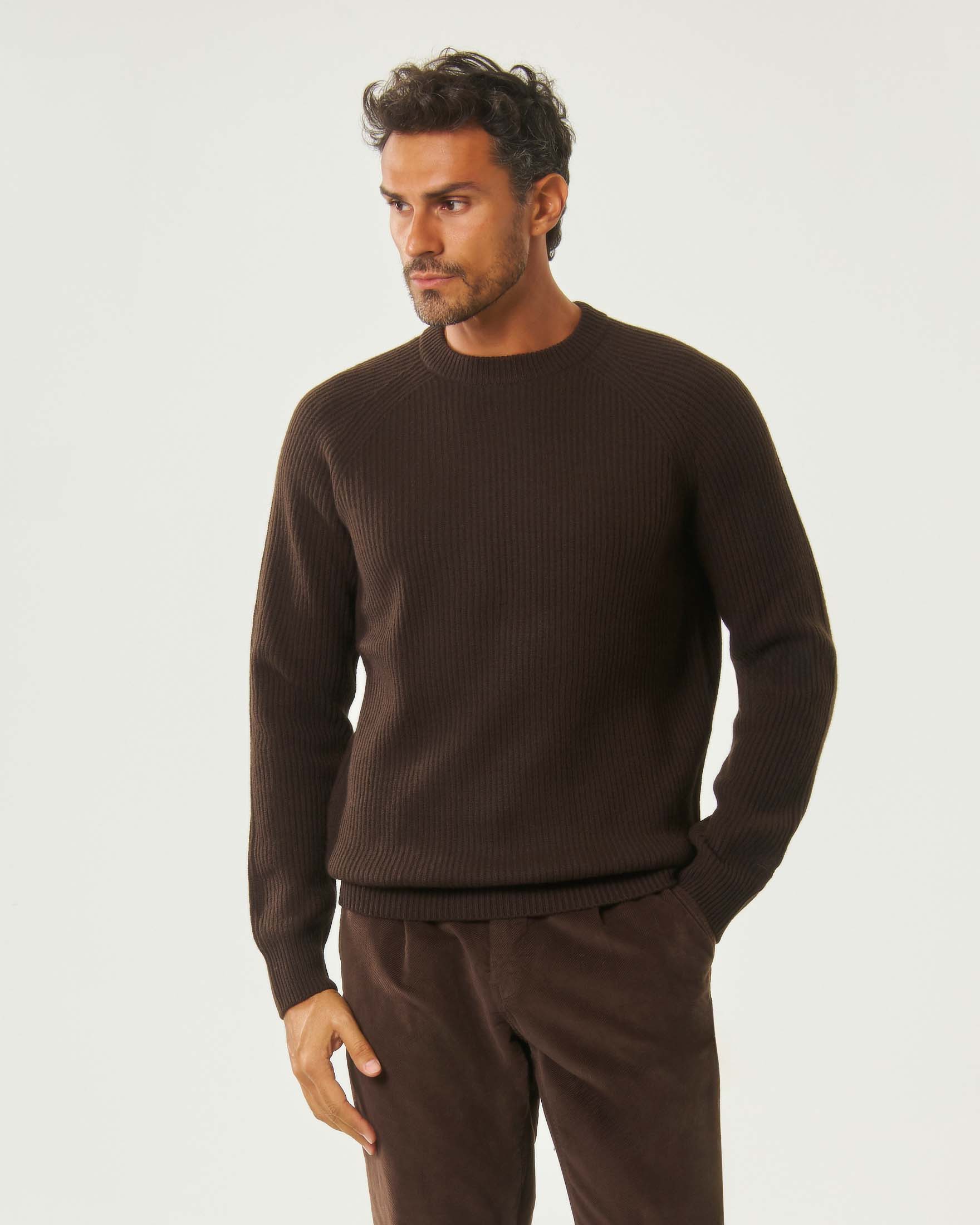 Maglione girocollo marrone MC2 Saint Barth in pura lana a coste con manica raglan