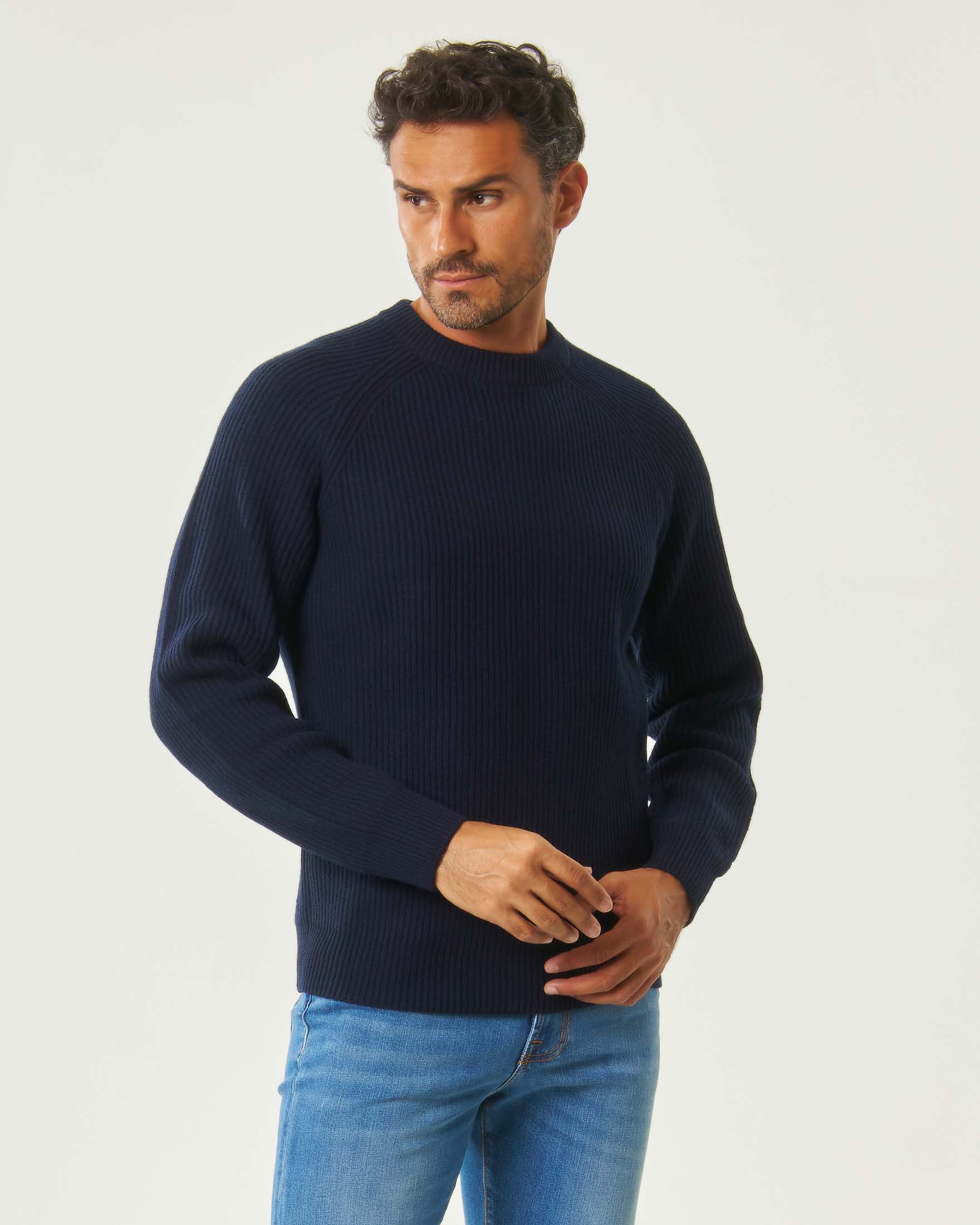 Maglione girocollo blu MC2 Saint Barth in pura lana a coste con manica raglan