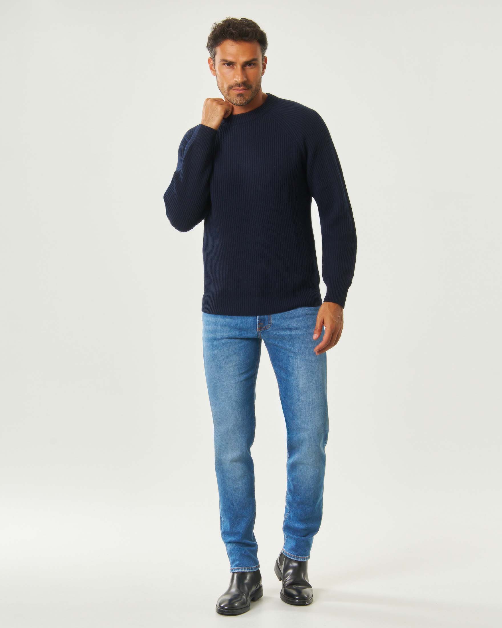 Maglione girocollo blu MC2 Saint Barth in pura lana a coste con manica raglan image