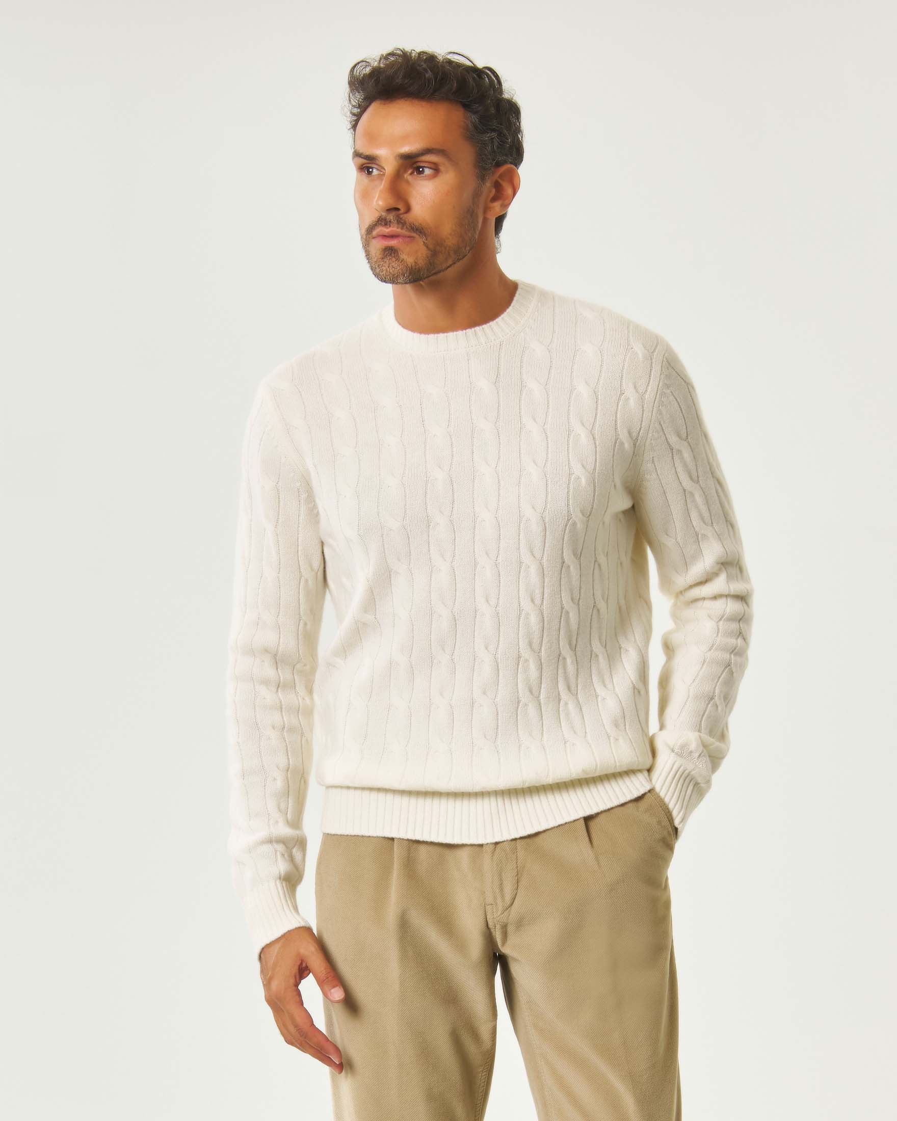 Maglione girocollo color panna MC2 Saint Barth Regent in pura lana a trecce