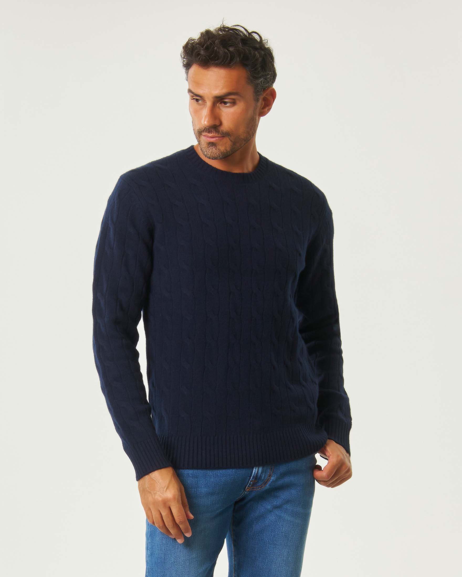 Maglione girocollo blu MC2 Saint Barth Regent in pura lana a trecce