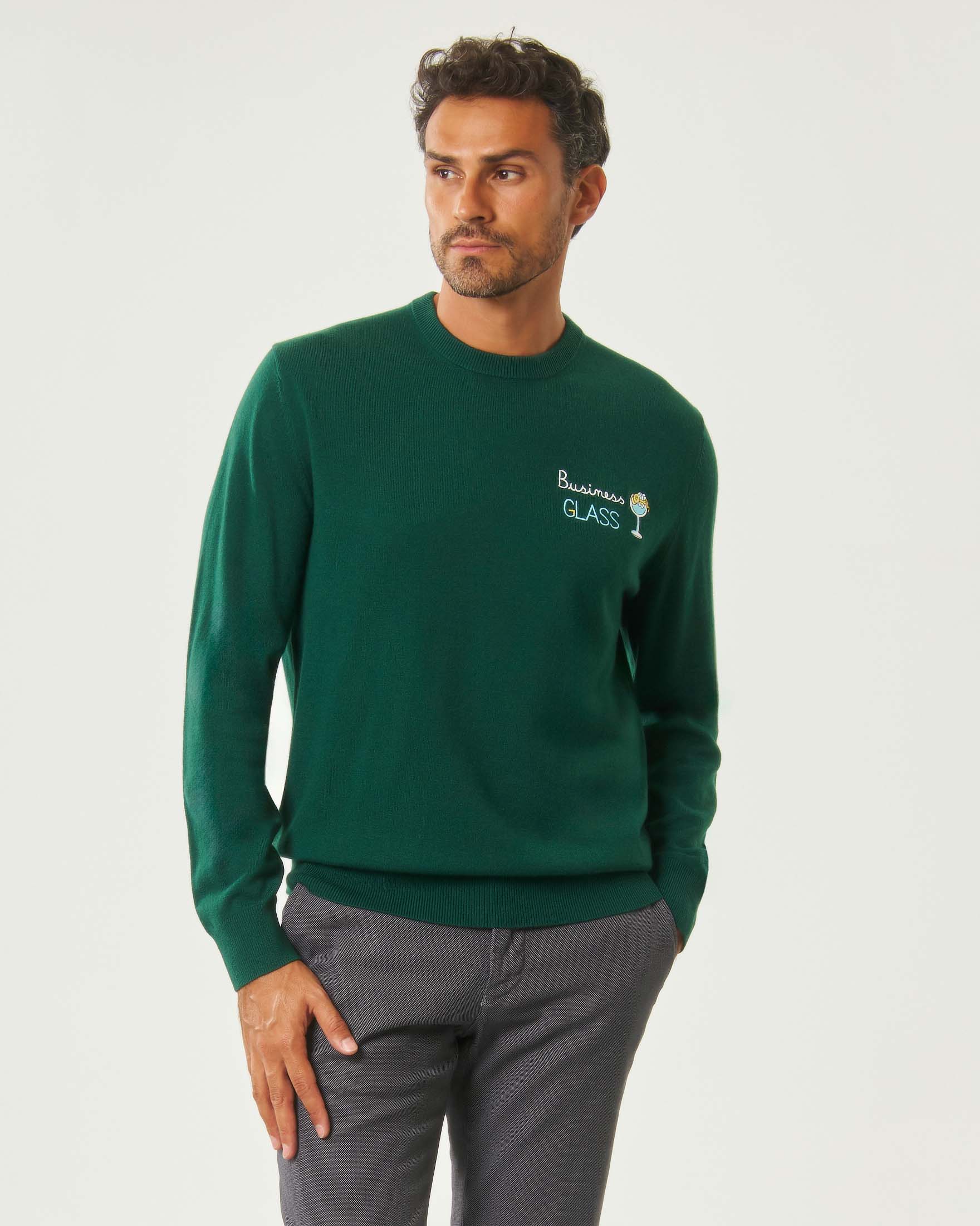 Maglione MC2 Saint Barth in misto lana e cashmere verde con ricamo business glass