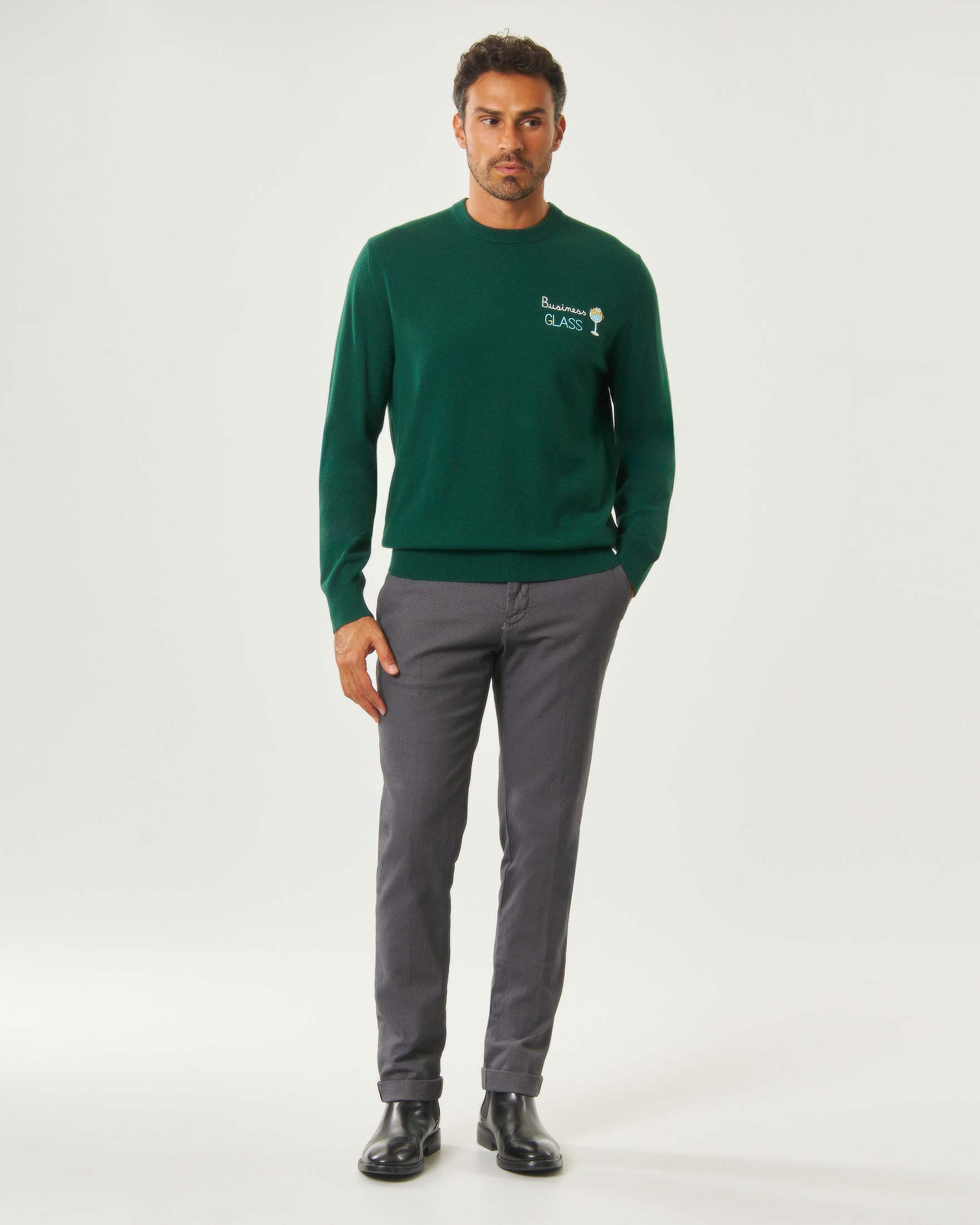 Maglione MC2 Saint Barth in misto lana e cashmere verde con ricamo business glass image