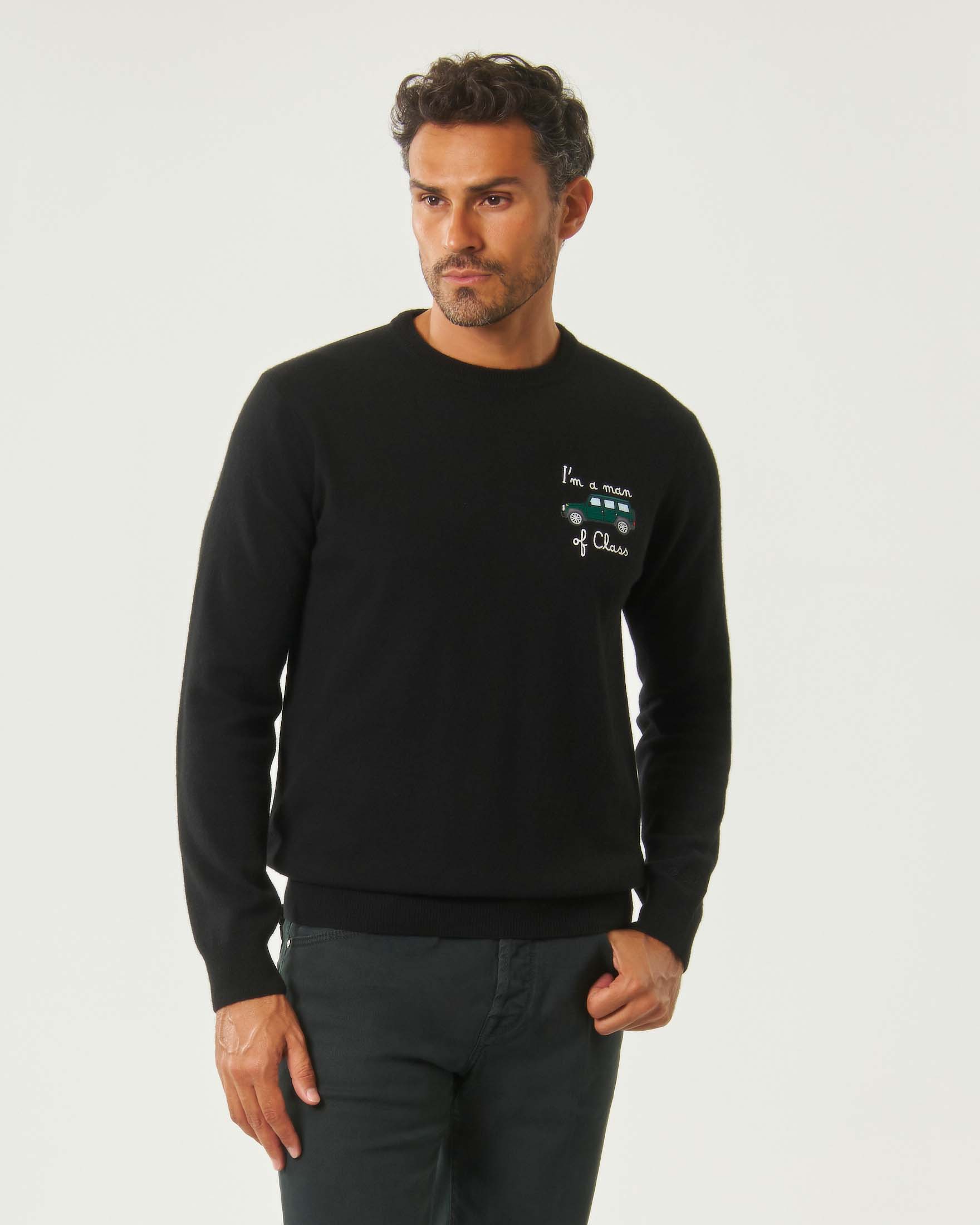 Maglione MC2 Saint Barth in misto lana e cashmere nero con ricamo I'm a man of class