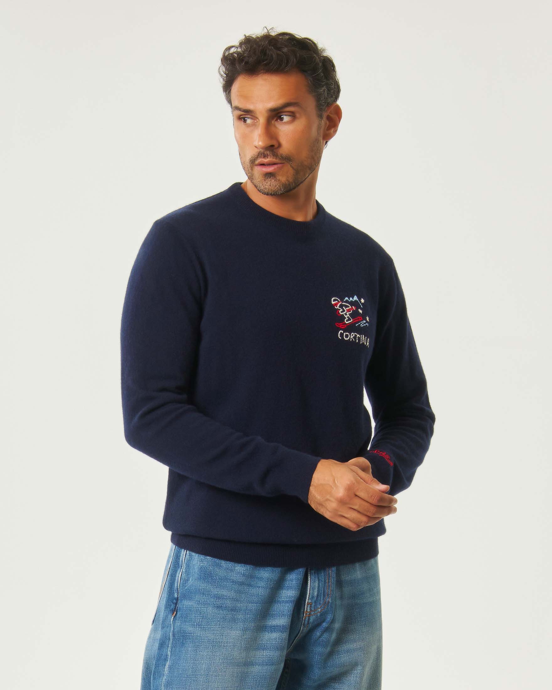 Maglione MC2 Saint Barth in misto lana e cashmere blu con ricamo Cortina