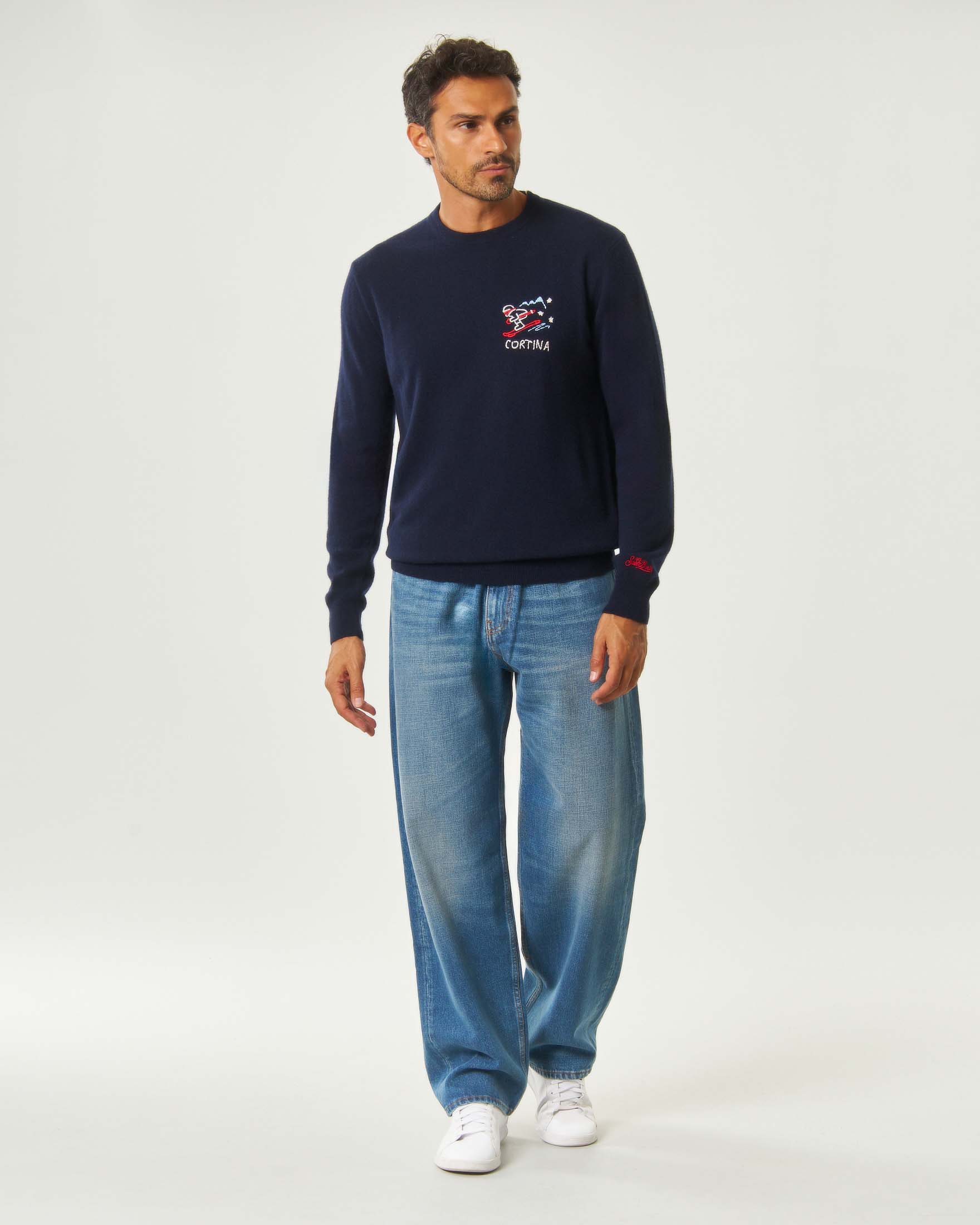 Maglione MC2 Saint Barth in misto lana e cashmere blu con ricamo Cortina image