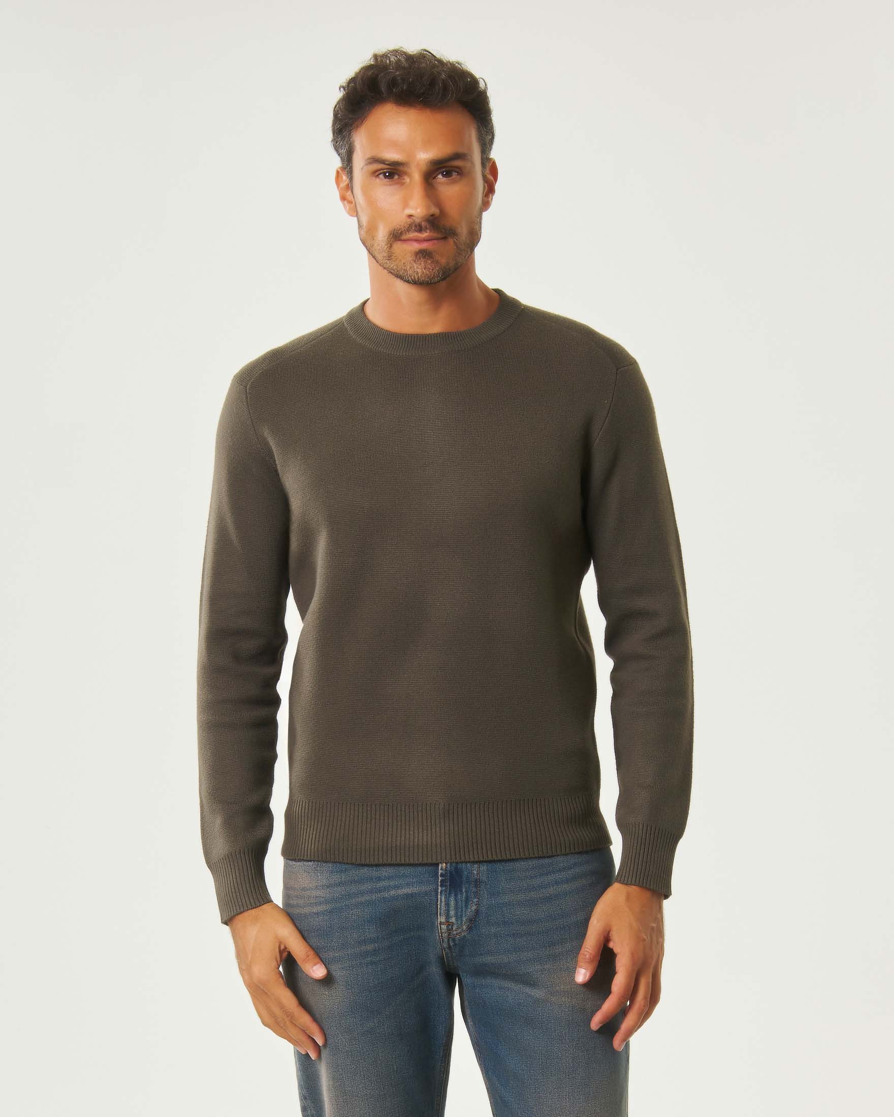Maglia girocollo verde militare in misto lana punto Milano