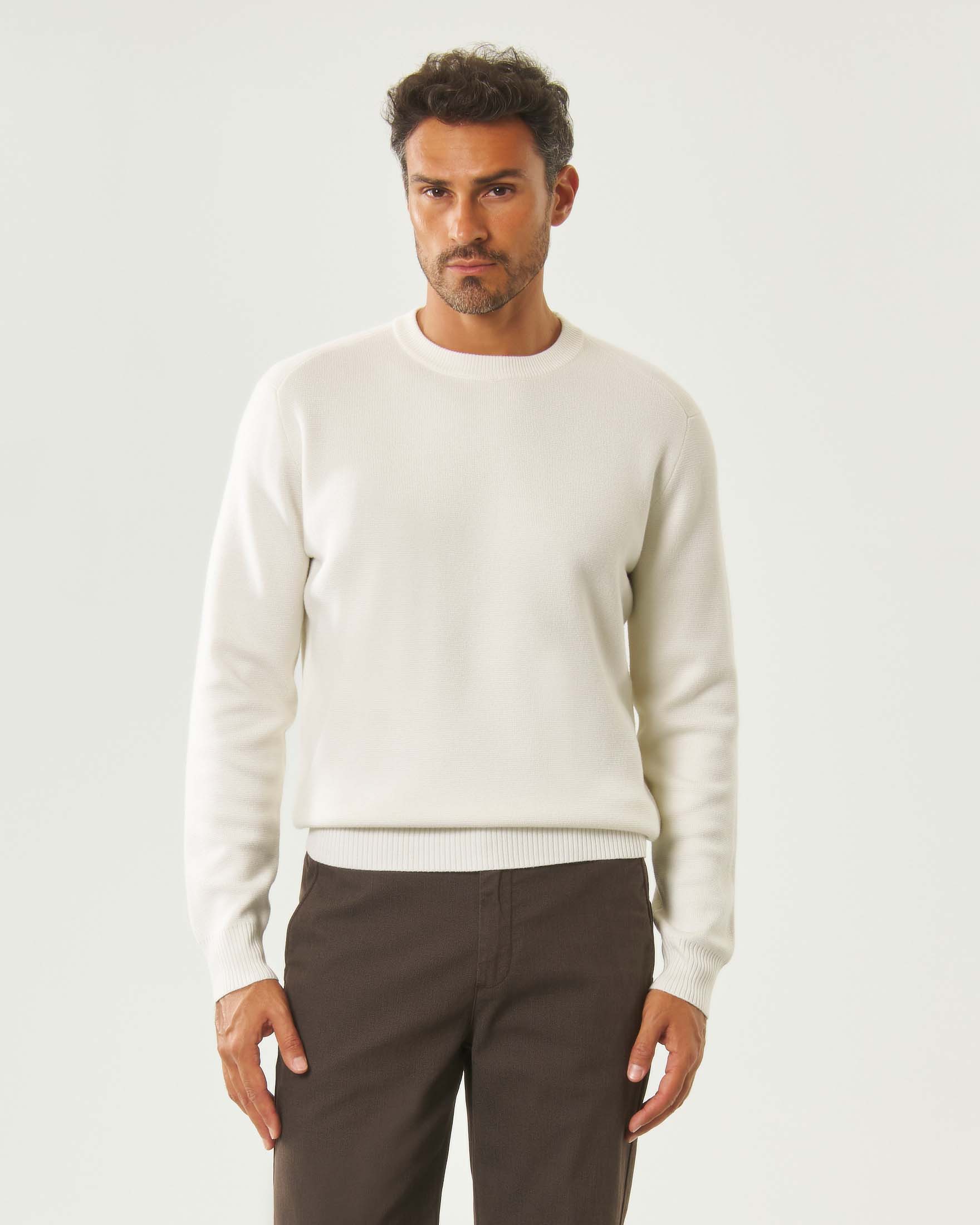 Maglia girocollo color panna in misto lana punto Milano