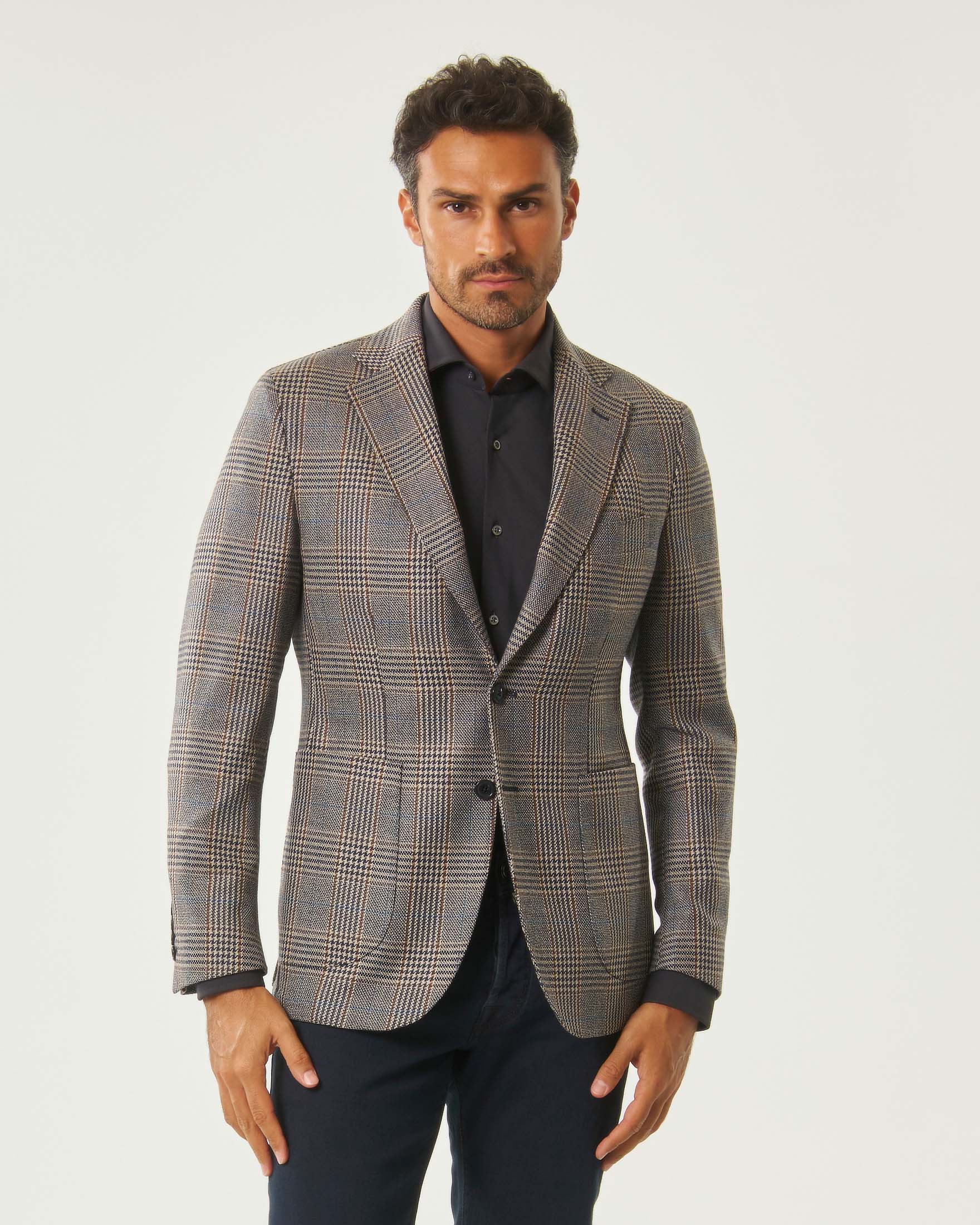 Blazer Rodolfo Pellizzari in pura lana Principe di Galles beige blu e marrone image