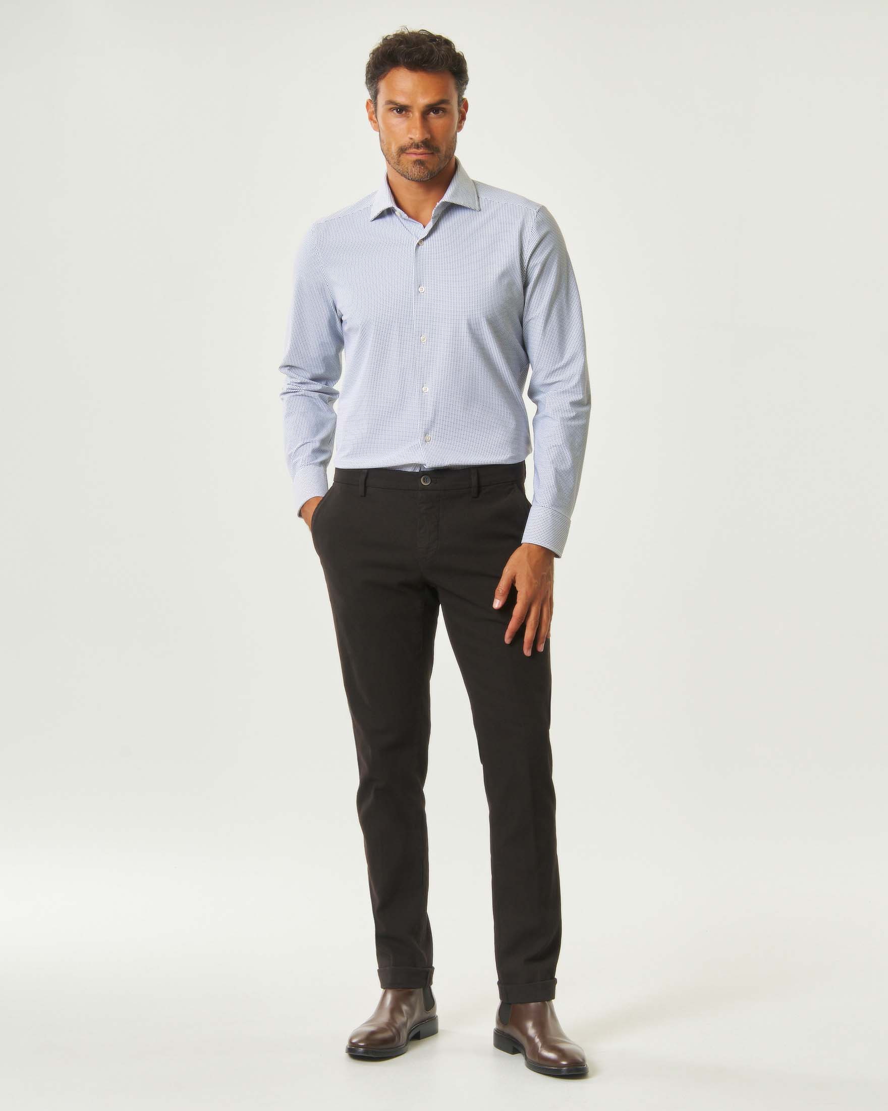 Camicia Rodolfo Pellizzari in tessuto tecnico hyper comfort micro pois bianco marrone con collo alla francese