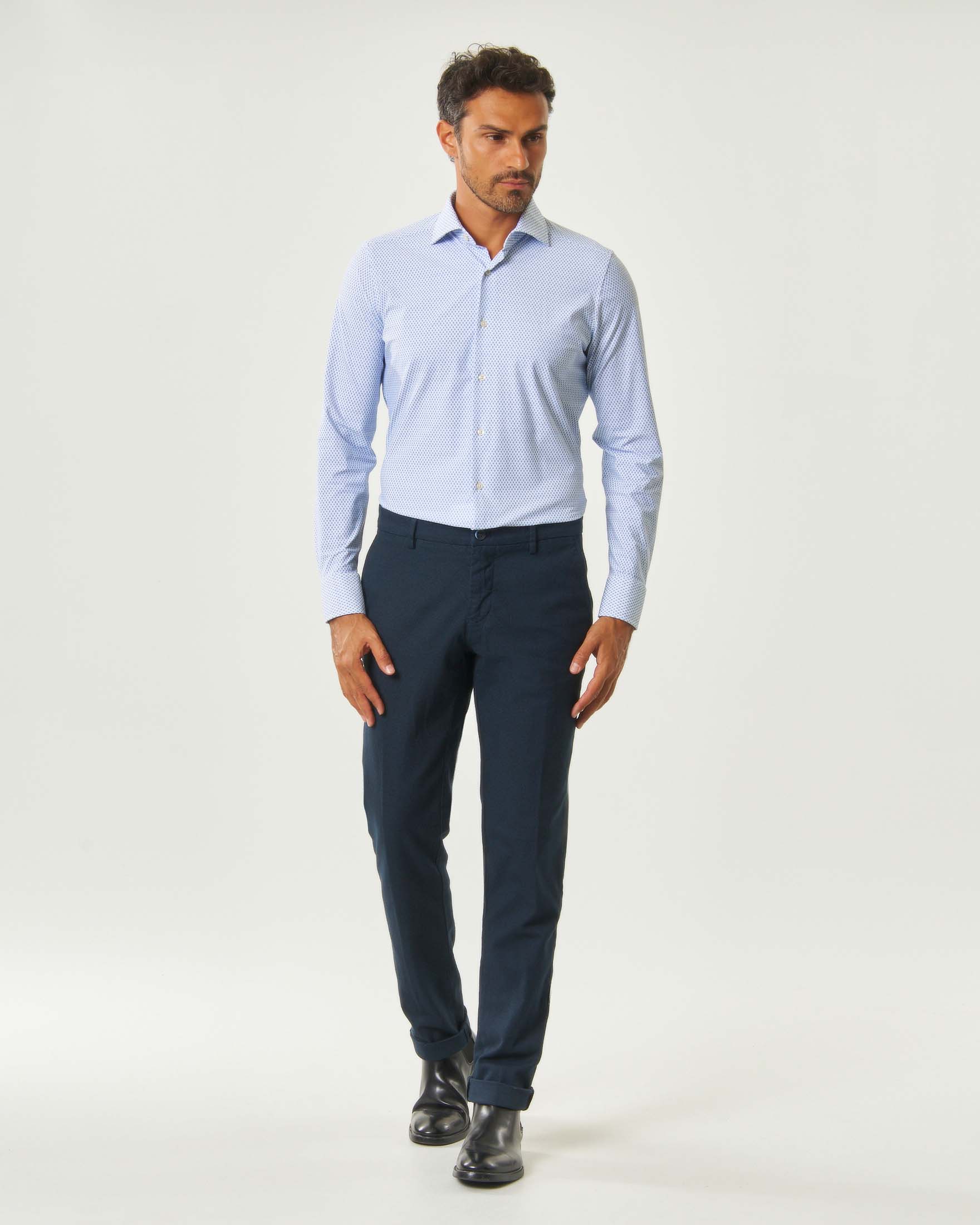 Pantaloni chino Powell Levanto blu slim-fit in cotone e modal stretch micro pied de poule