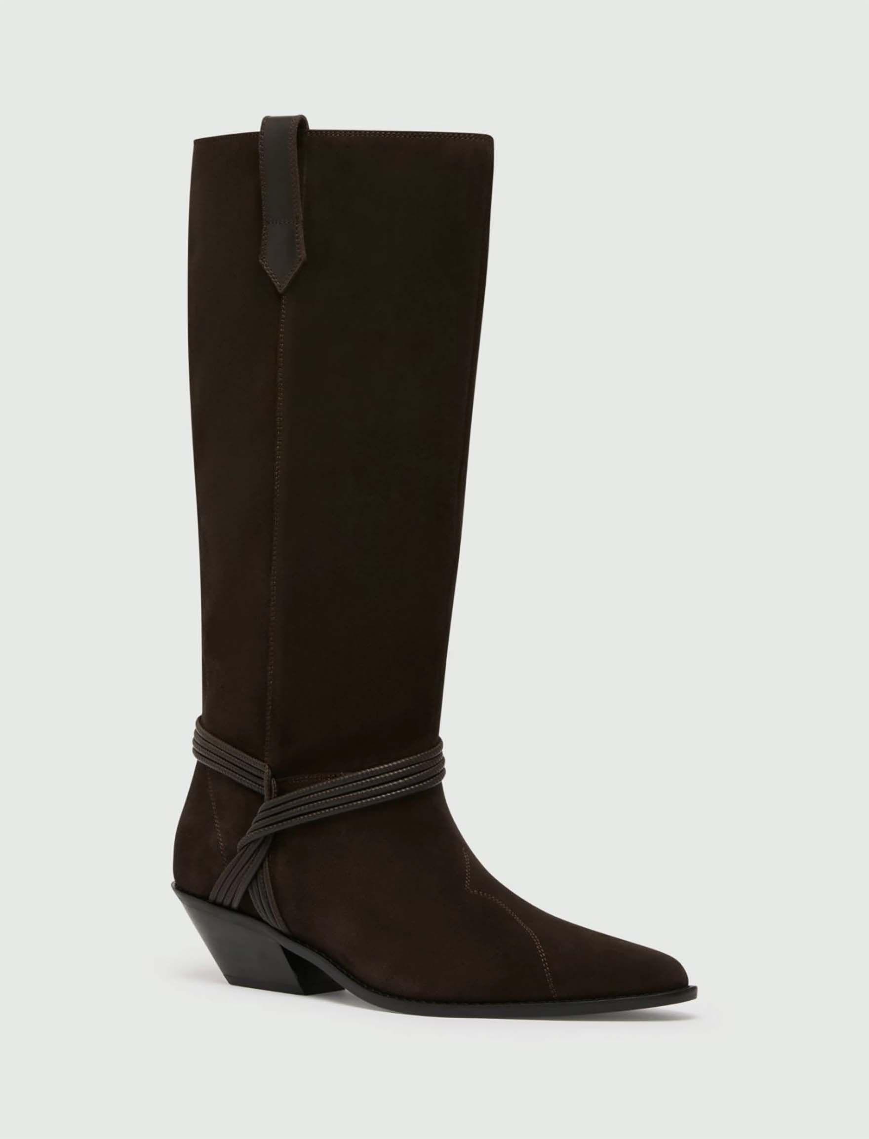 Stivale camperos Marella testa di moro in pelle suede con dettaglio intrecciato e tacco sagomato