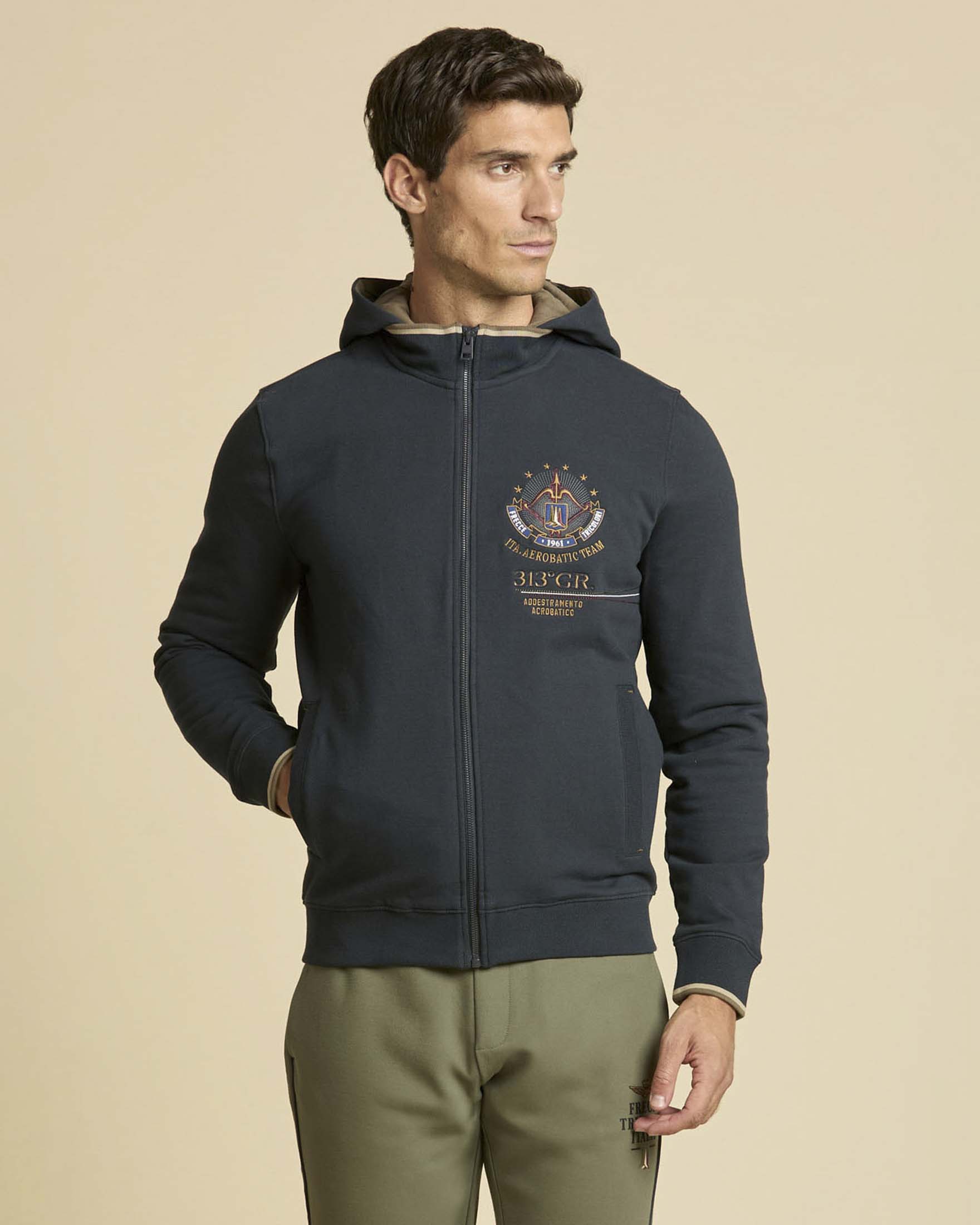 Felpa Aeronautica Militare blu 313° gruppo in cotone stretch con cappuccio e chiusura zip