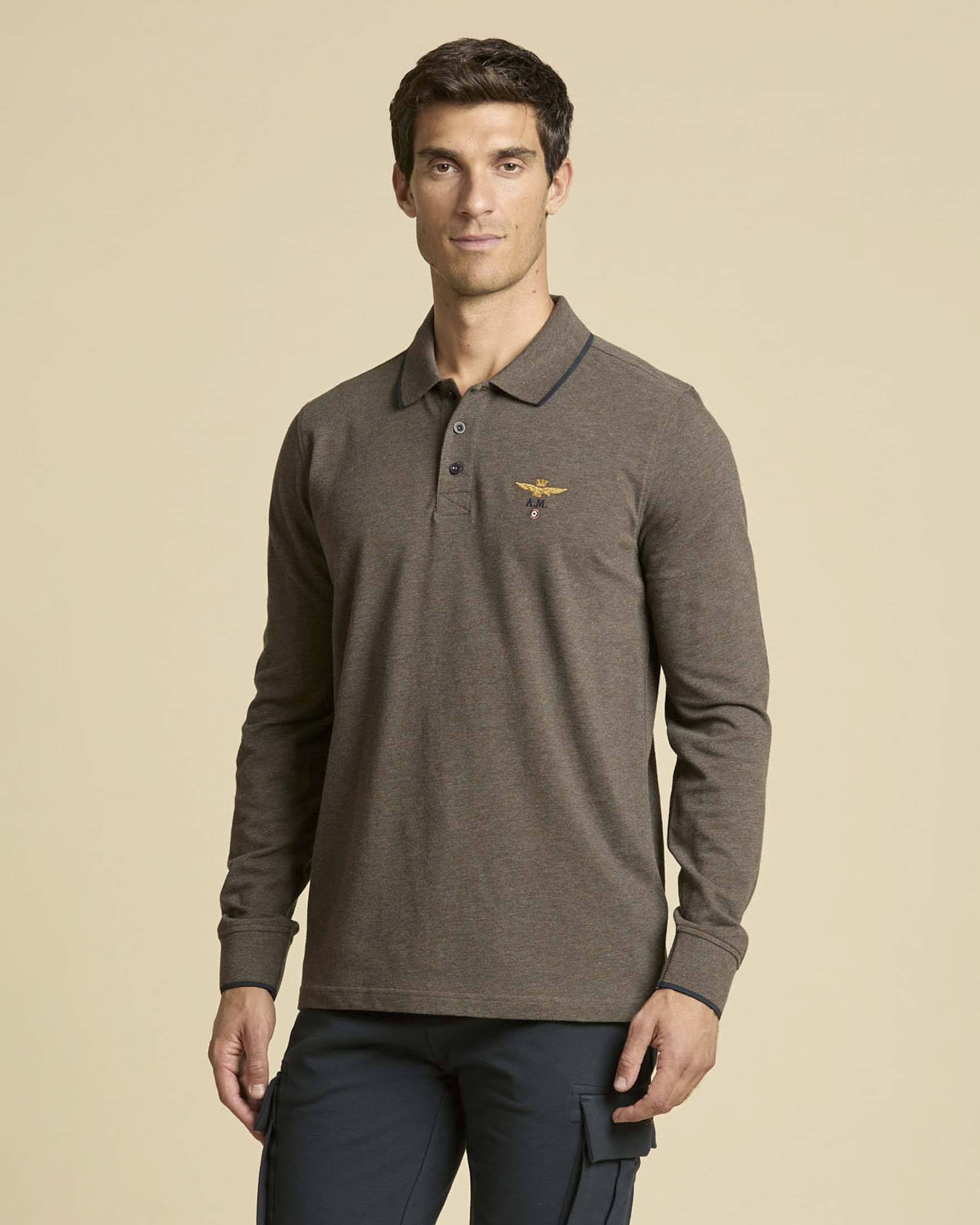 Polo manica lunga Aeronautica Militare marrone in micro piquè di puro cotone con bordino blu