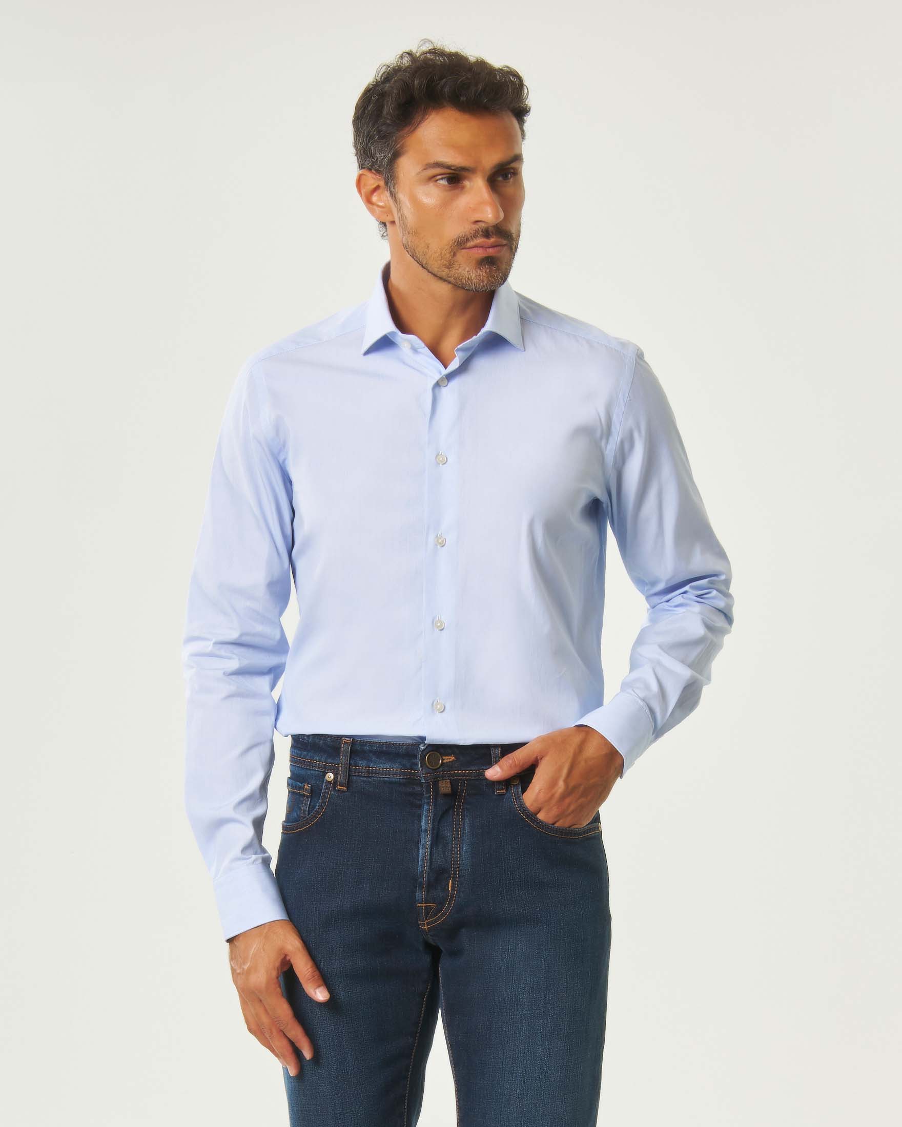 Camicia Xacus azzurra in popeline di cotone micro riga tailor-fit