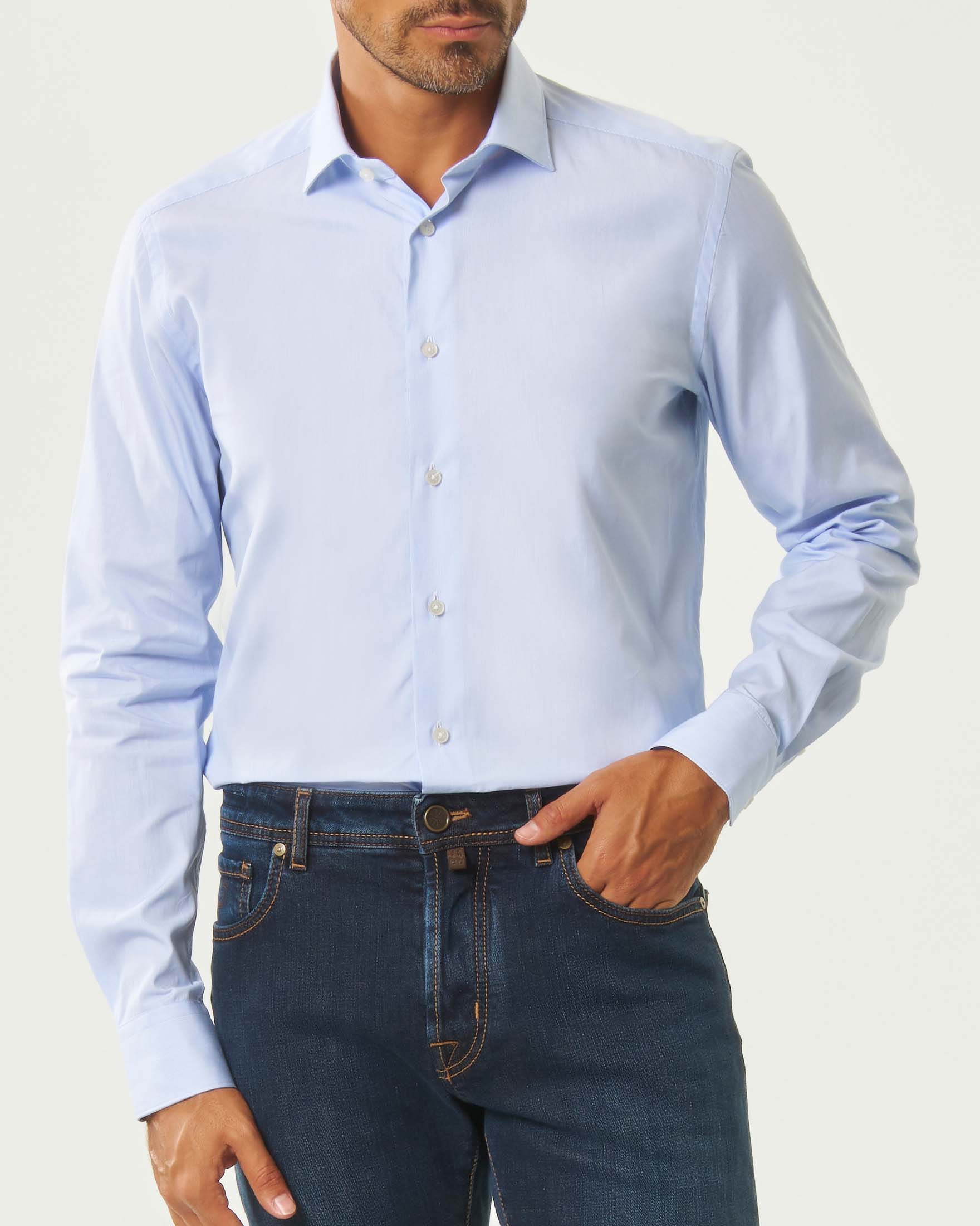 Camicia Xacus azzurra in popeline di cotone micro riga tailor-fit image