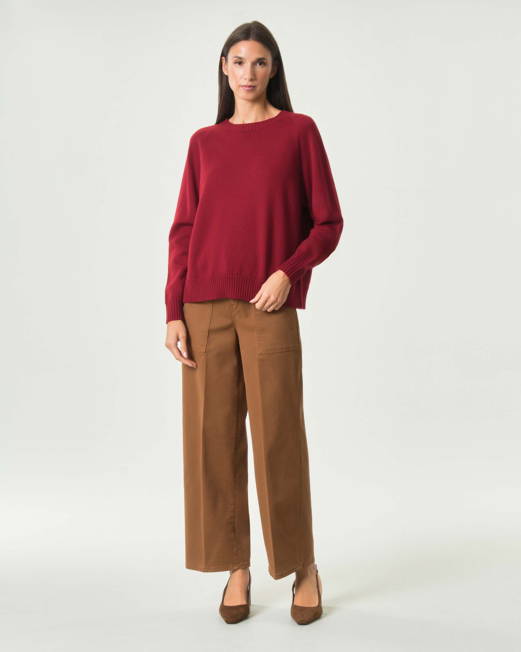 Pantalone straight Sydney Bonheur color cammello in cotone stretch a vita alta con maxi tasche