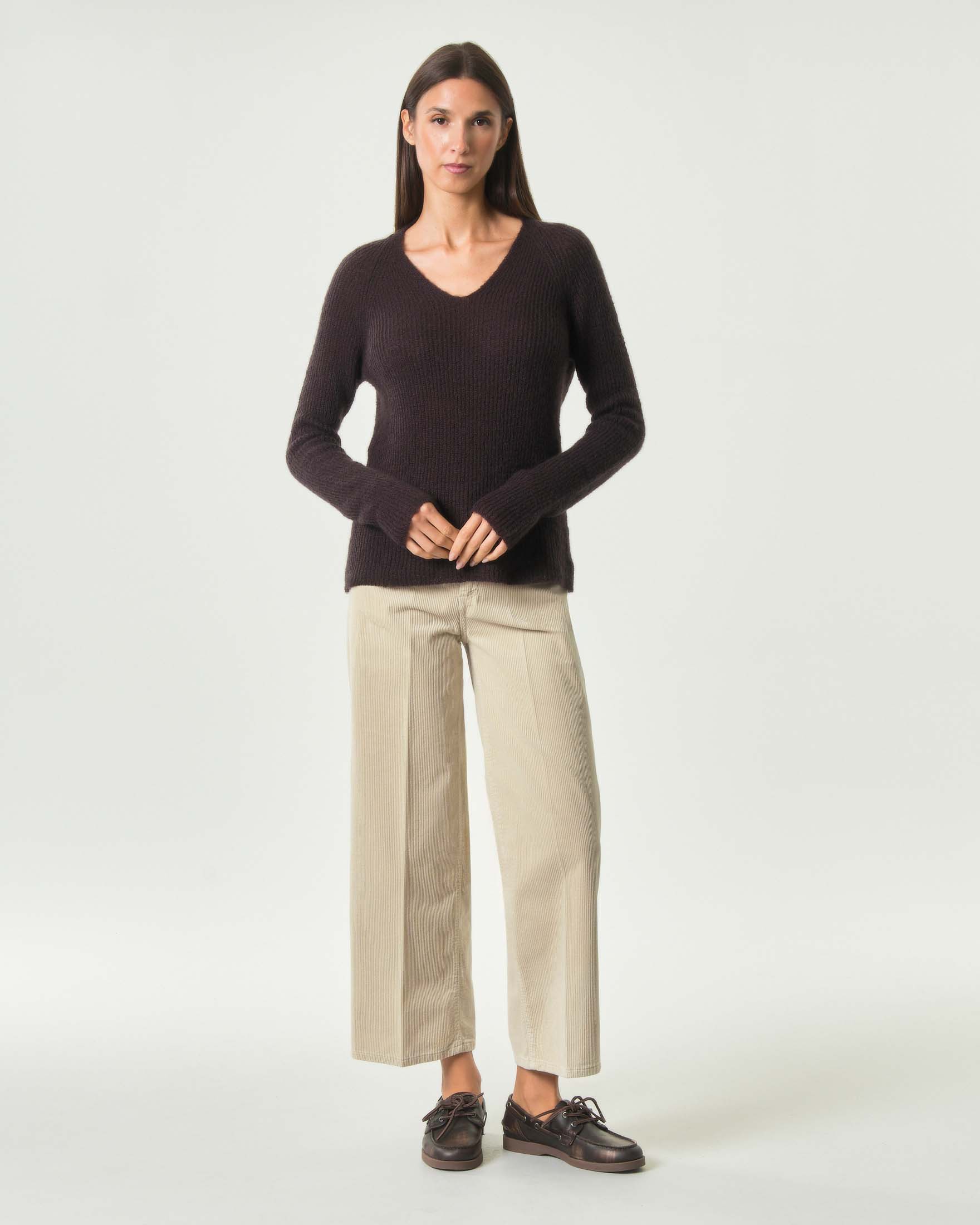Pantalone straight cropped Cancun Bonheur beige in velluto di cotone a vita alta
