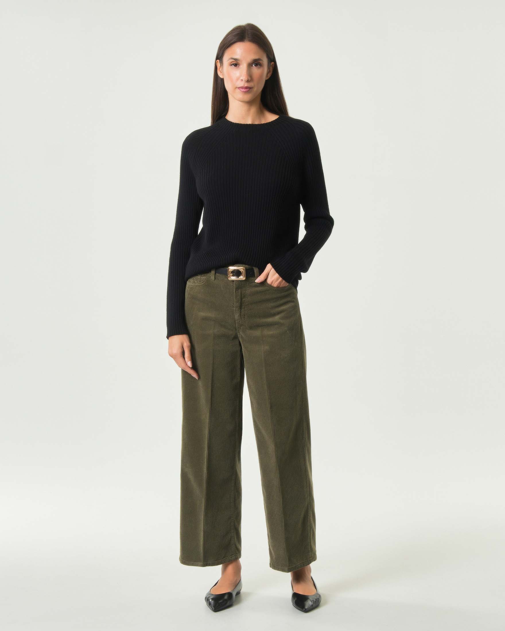 Pantalone straight cropped Cancun Bonheur verde militare in velluto di cotone a vita alta