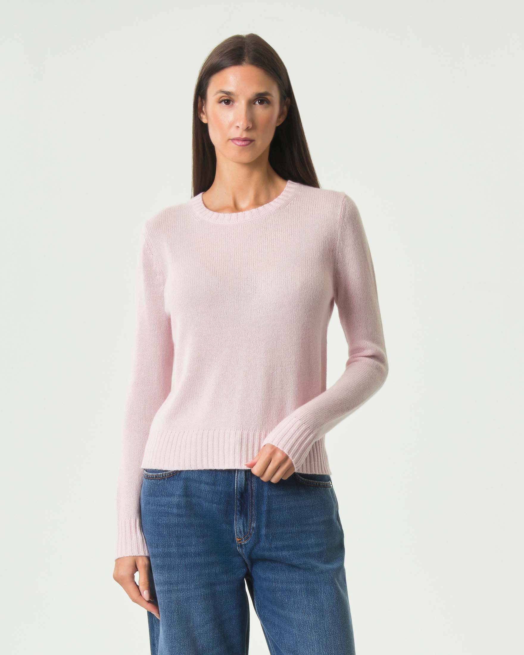 Maglia girocollo Cachemire Line rosa in puro cashmere con bordi a costine