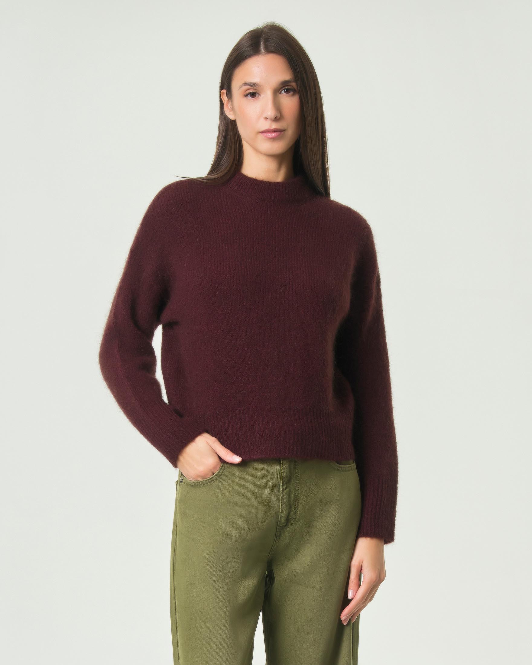 Maglia girocollo Hlo! bordeaux in misto lana e mohair con bordi a coste