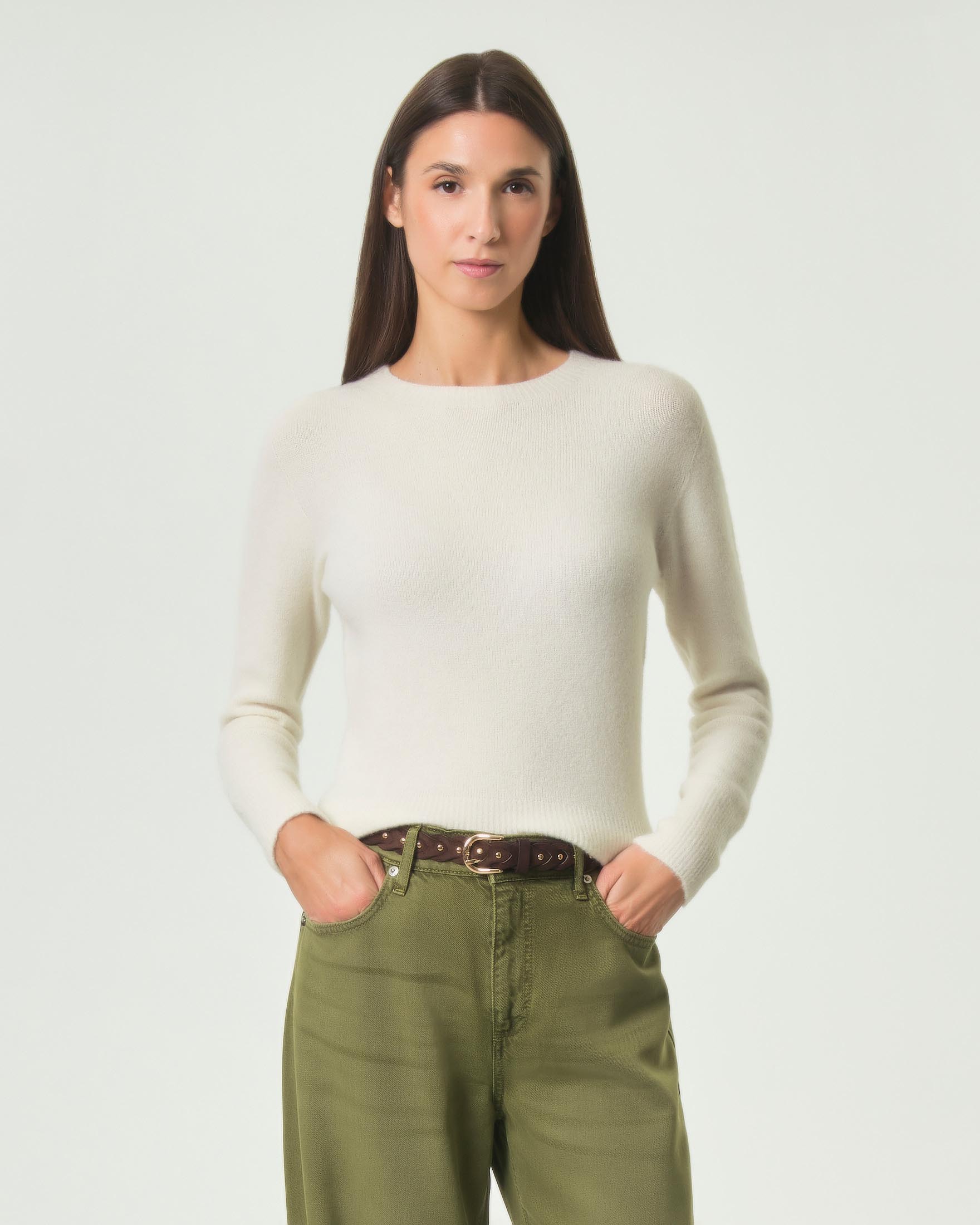 Maglia scollo a giro Hlo! panna in misto alpaca e lana con bordi a coste e spalla scesa
