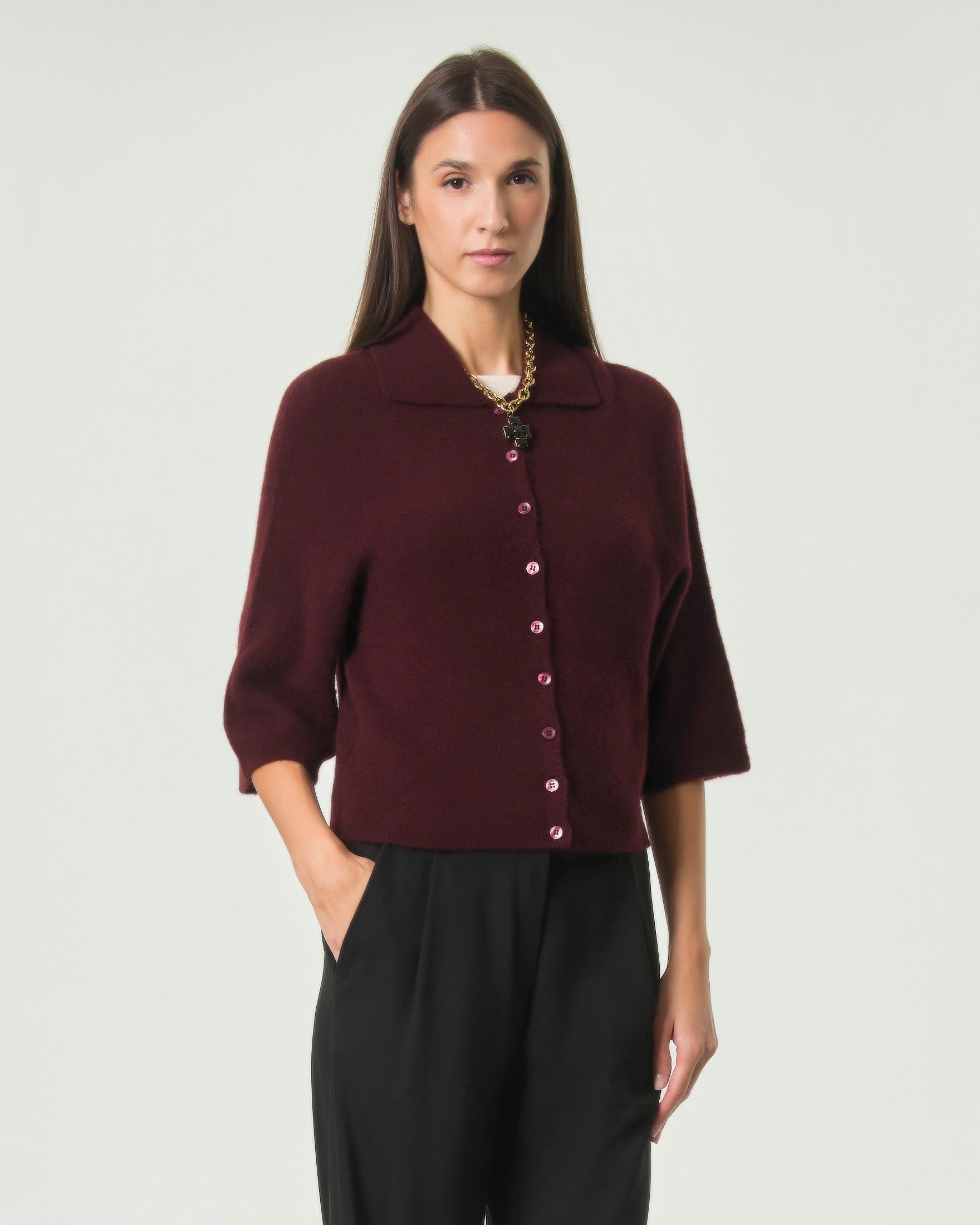 Cardigan Hlo! bordeaux in misto alpaca e lana con collo a camicia e maniche a tre quarti