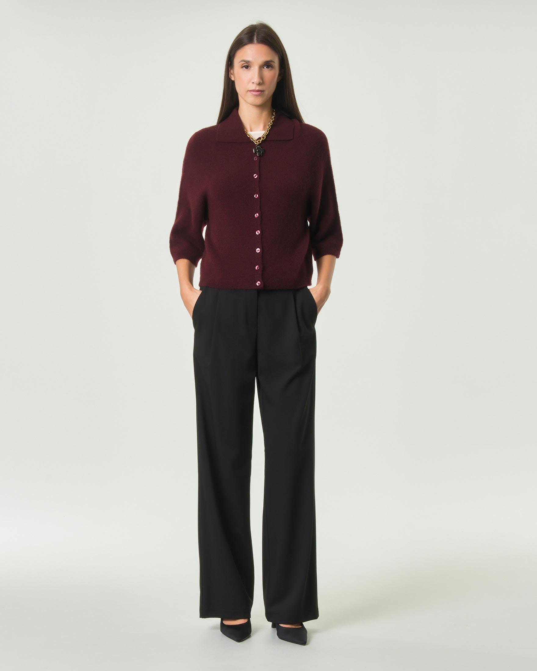 Cardigan Hlo! bordeaux in misto alpaca e lana con collo a camicia e maniche a tre quarti image