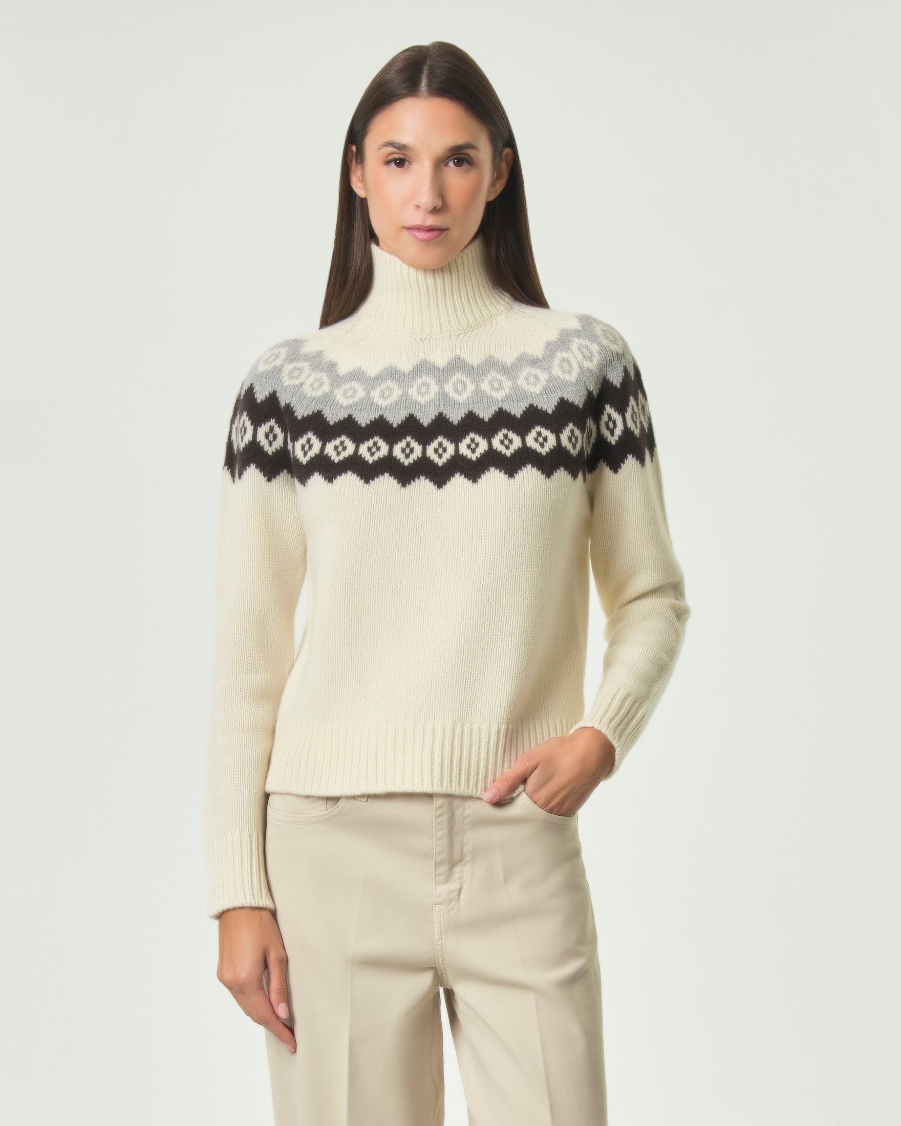 Maglia lupetto Hlo! panna in pura lana con motivo norvegese jacquard a contrasto e bordi a coste