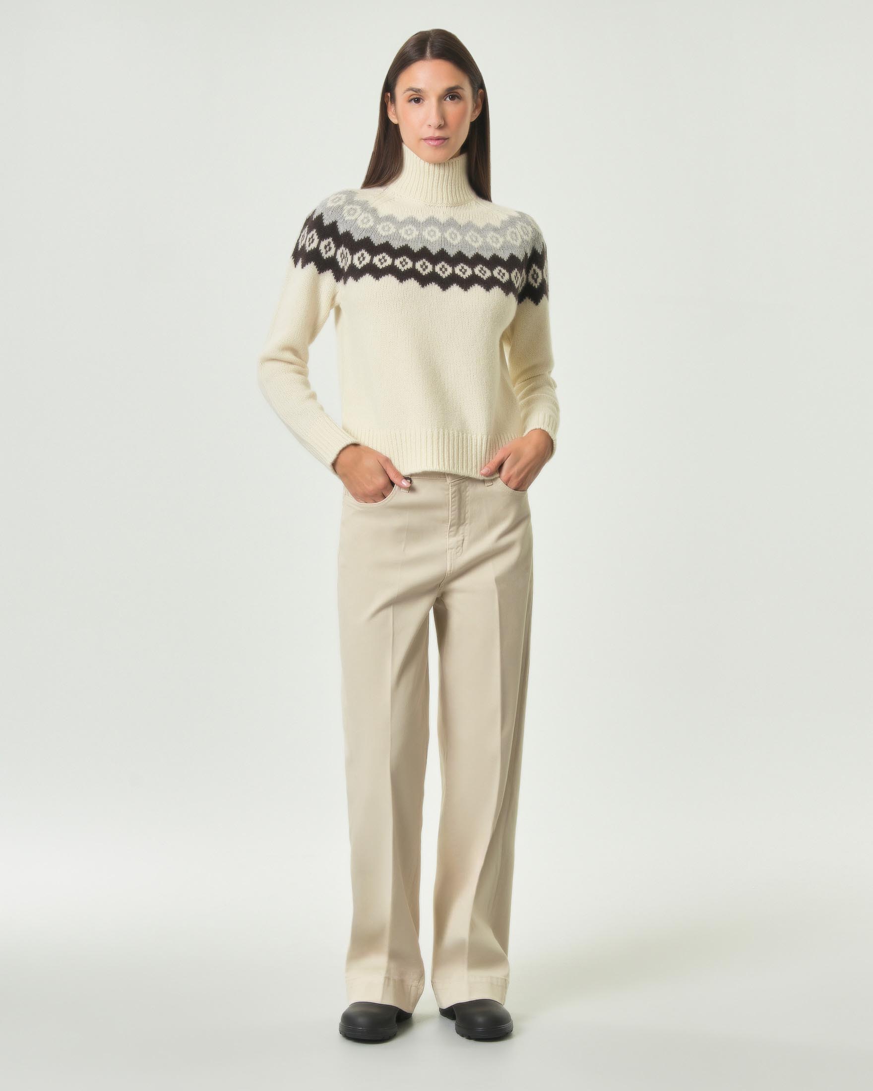 Maglia lupetto Hlo! panna in pura lana con motivo norvegese jacquard a contrasto e bordi a coste image