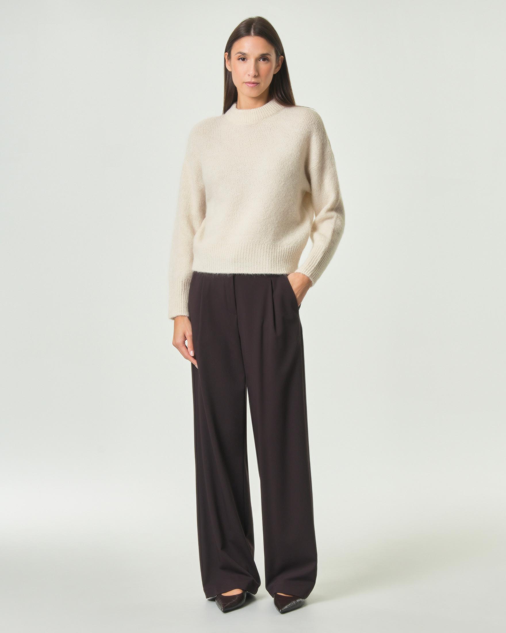 Pantalone palazzo Hlo! marrone in misto viscosa e lana stretch con pince e passanti da cintura