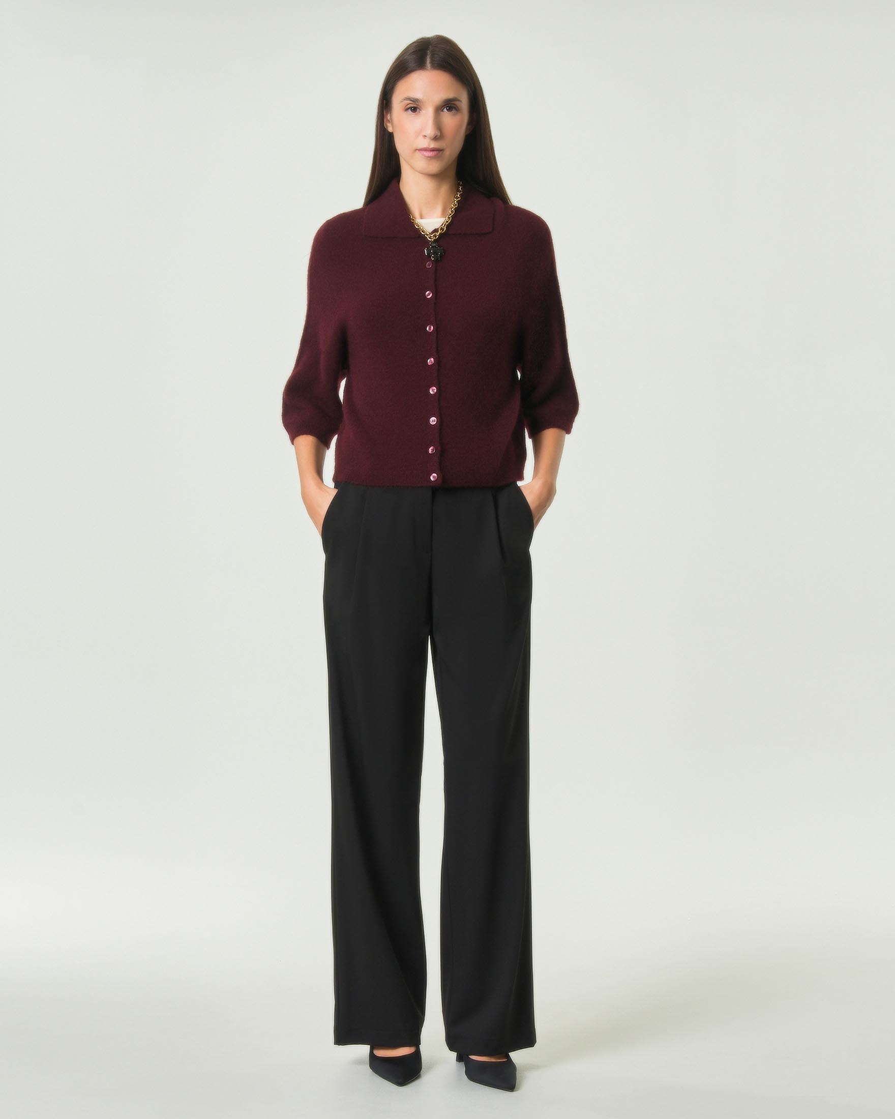 Pantalone palazzo Hlo! nero in misto viscosa e lana stretch con pince e passanti da cintura
