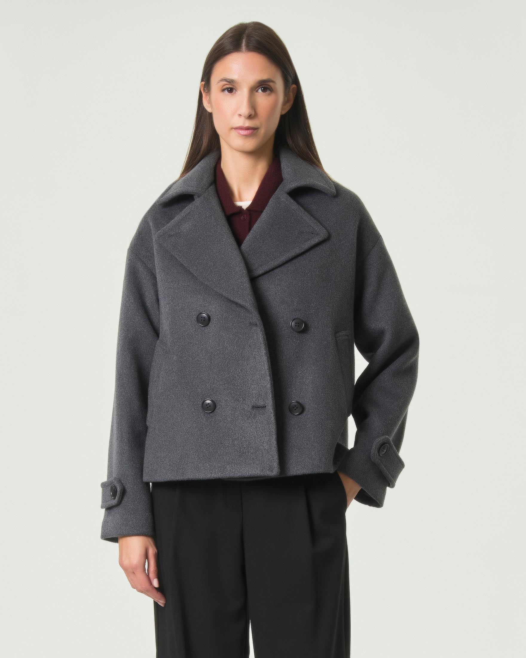 Giacca peacoat Hlo! antracite in misto lana con cinturini da polso