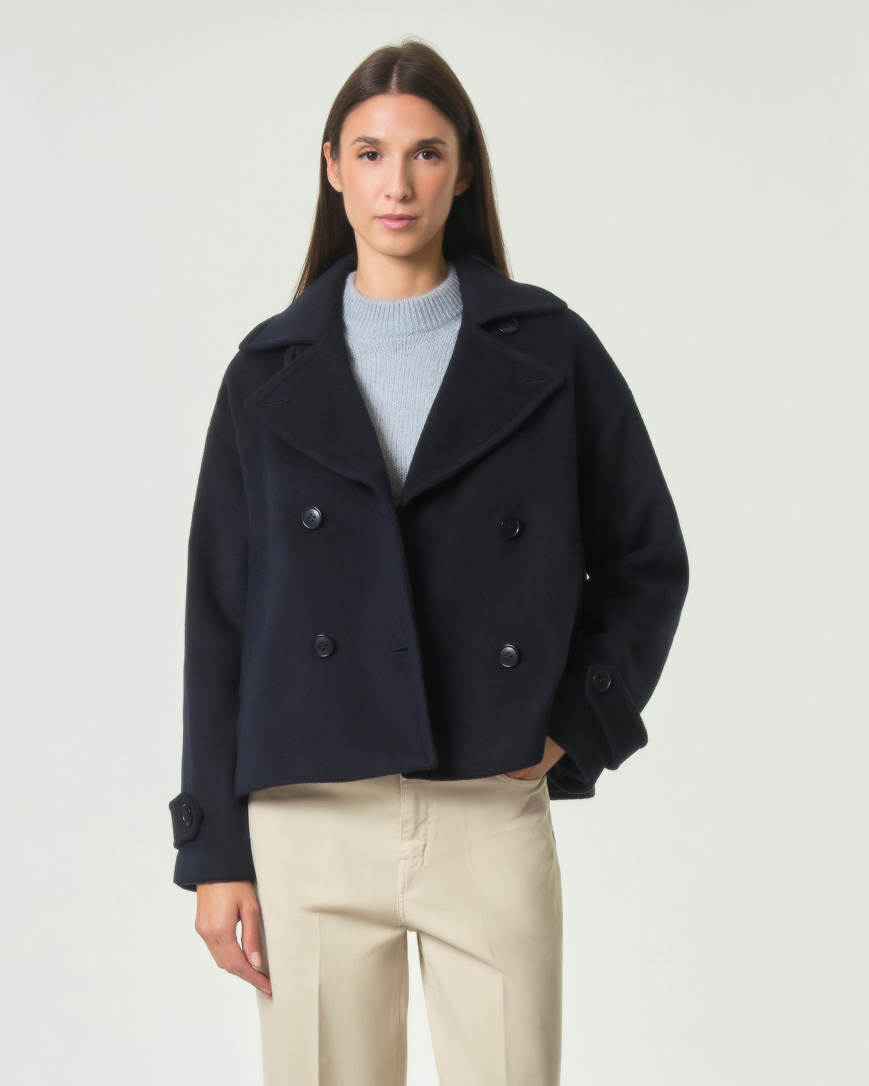 Giacca peacoat Hlo! blu in misto lana con cinturini da polso