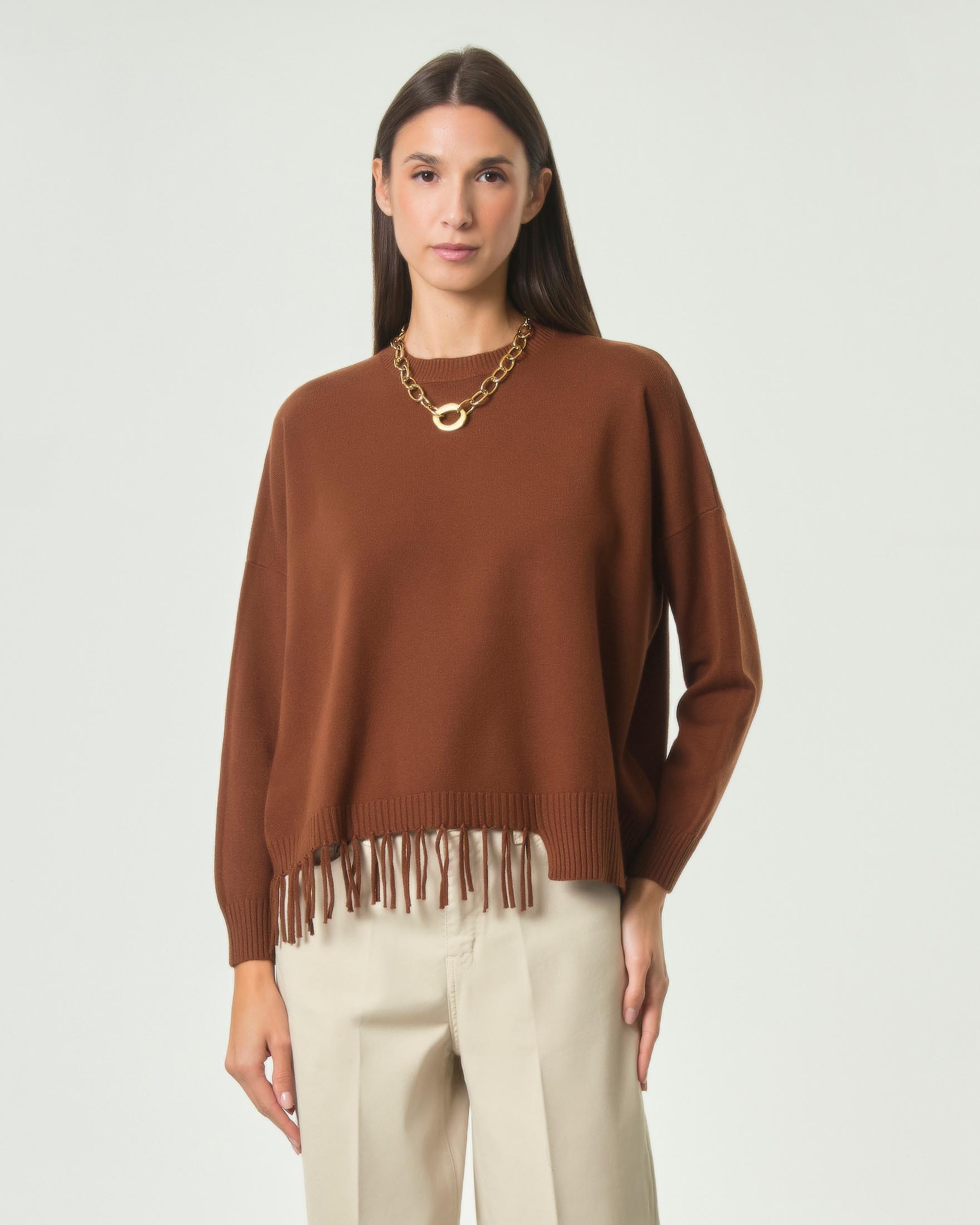 Maglia morbida Hlo! color coccio in misto viscosa con frange sul fondo e scollo a giro