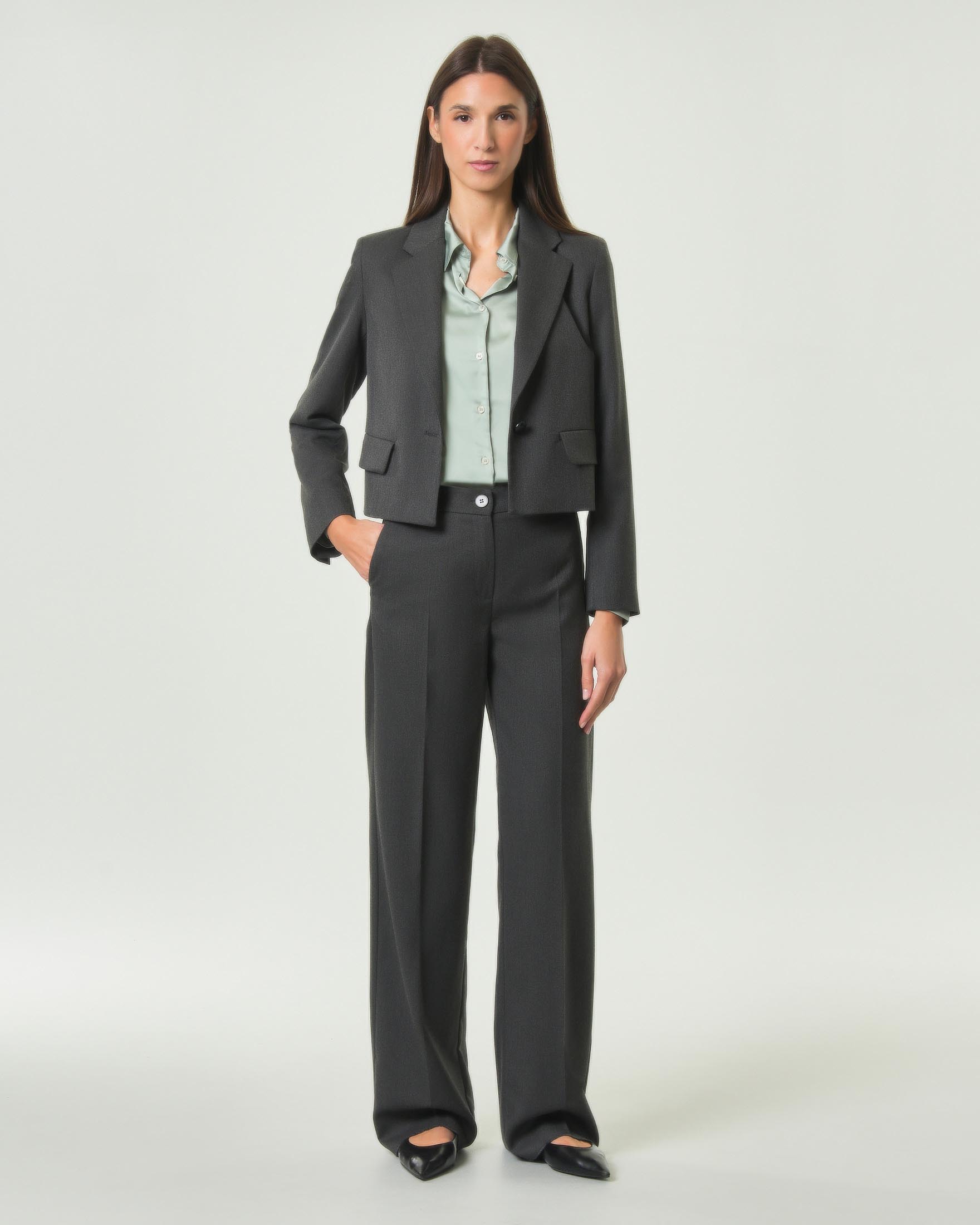 Pantaloni classici Emme Marella grigii in viscosa stretch a stampa check colorata