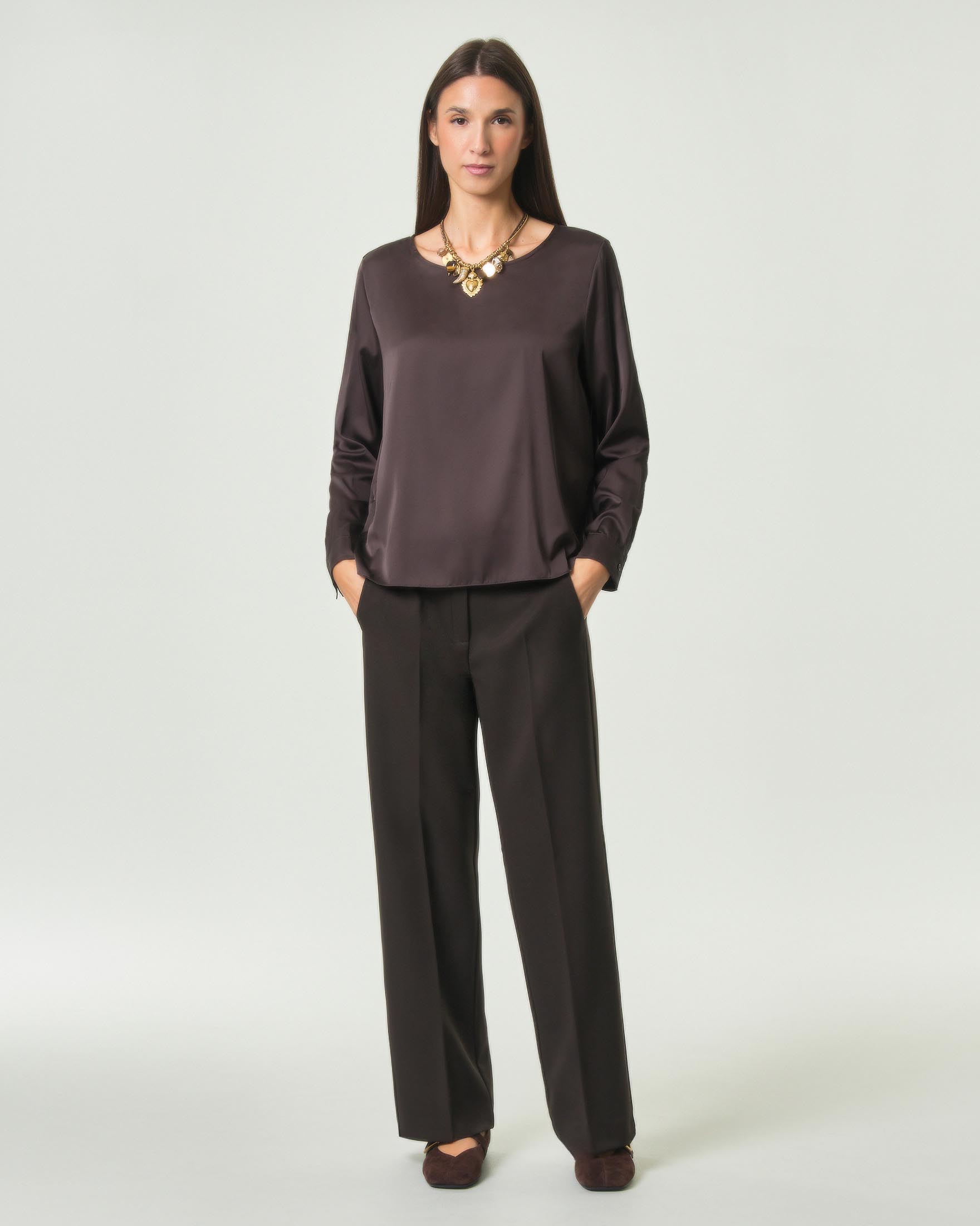 Pantaloni straight Emme Marella marroni in diagonale stretch con chiusura asimmetrica