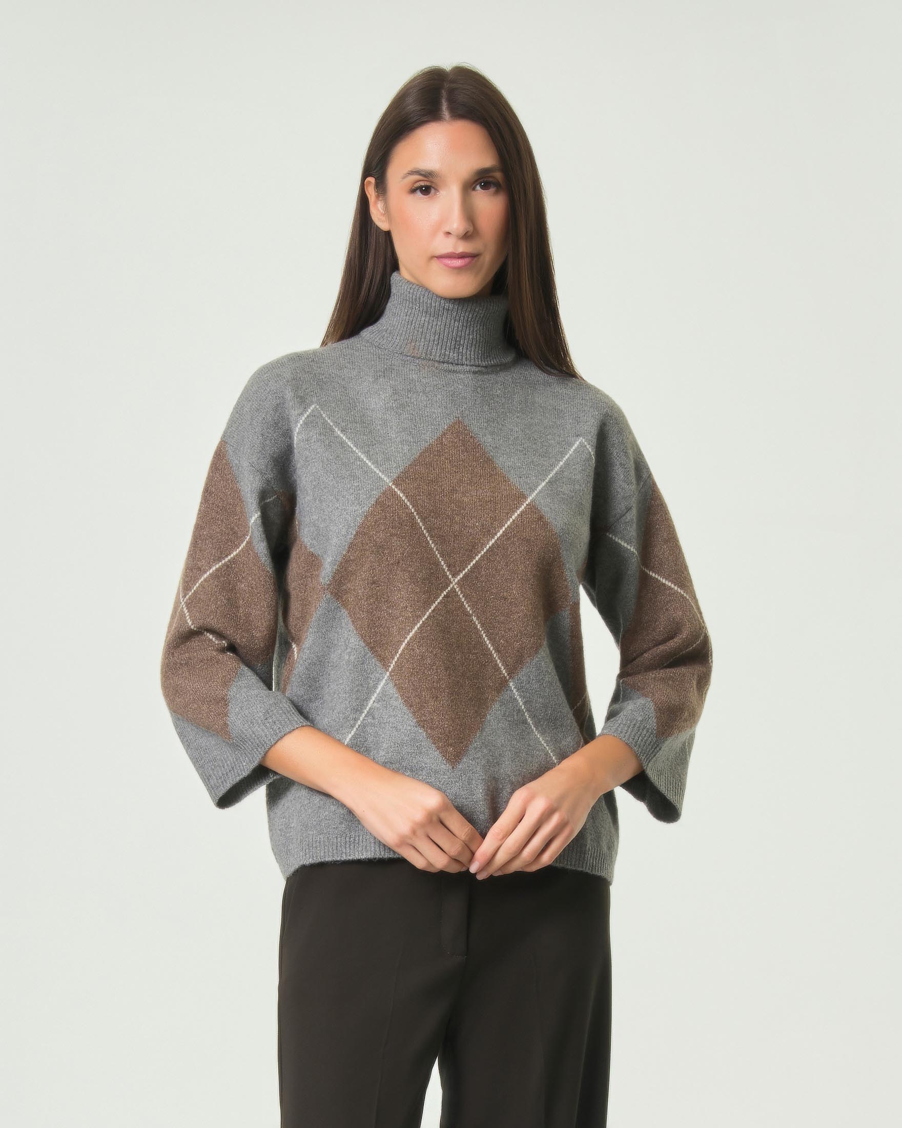 Maglia lupetto Emme Marella grigia in misto lana con micro paillettes e motivo Argyle cammello