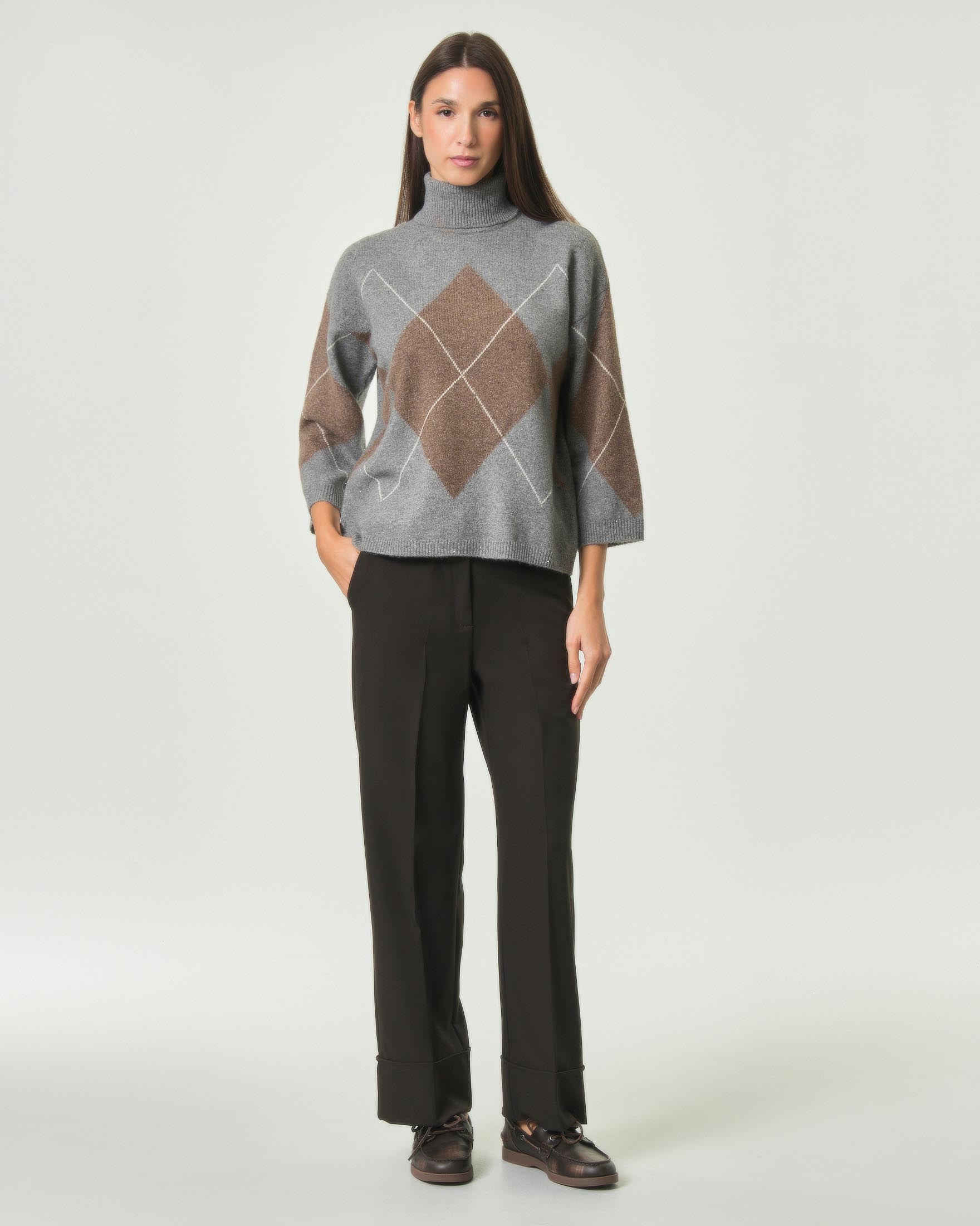 Maglia lupetto Emme Marella grigia in misto lana con micro paillettes e motivo Argyle cammello image