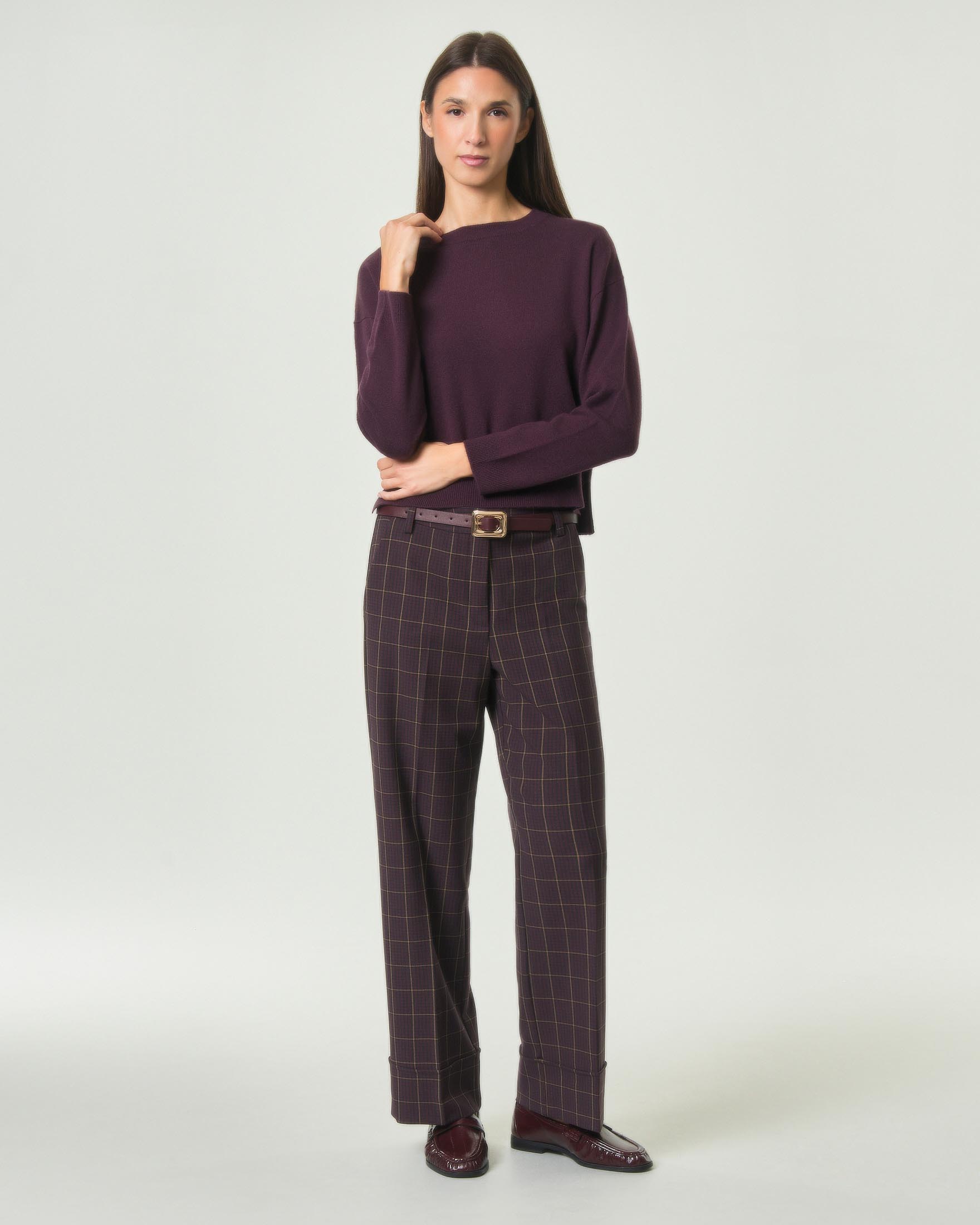 Pantalone dritto Emme Marella bordeaux in gabardina di misto viscosa stretch a motivo check