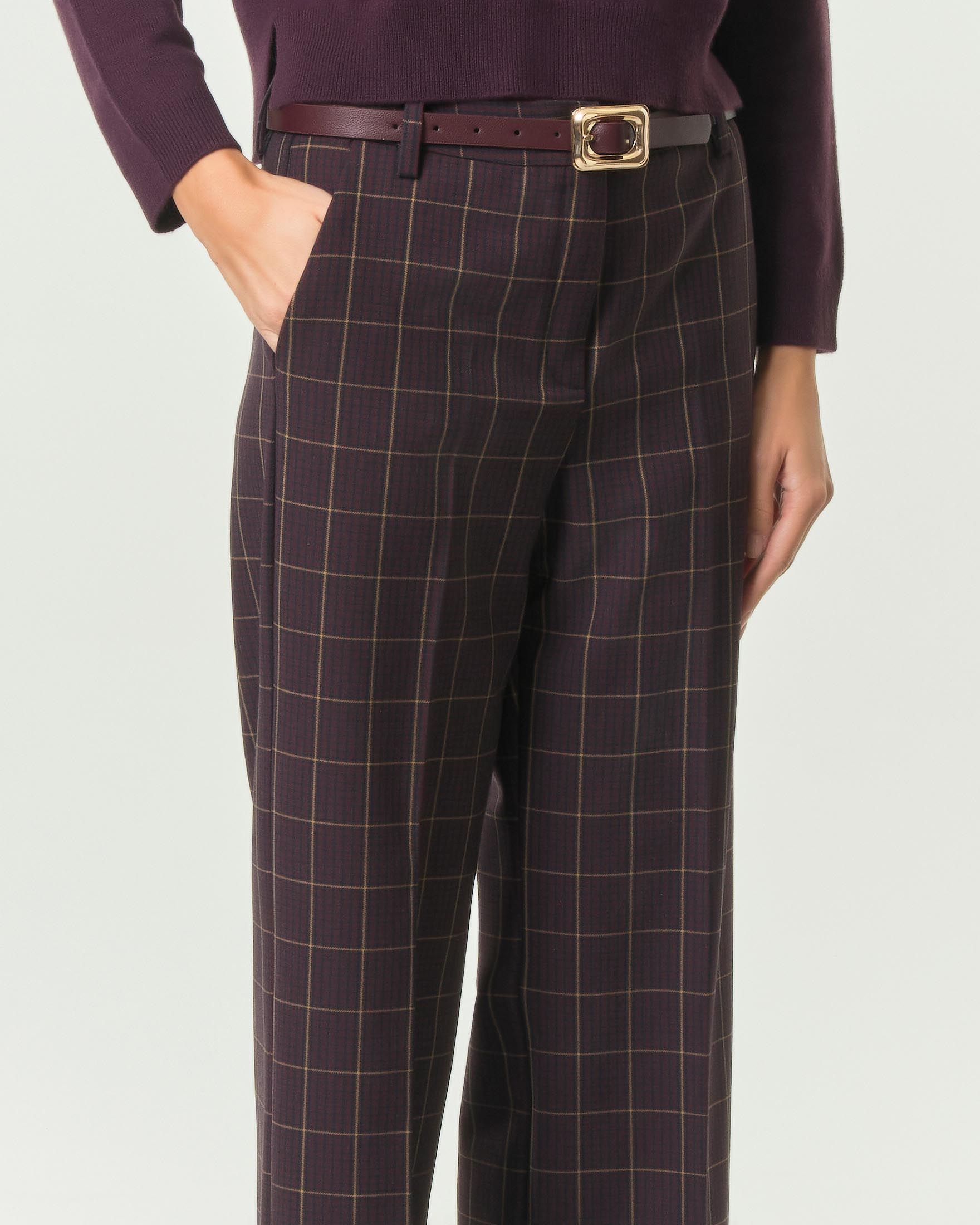 Pantalone dritto Emme Marella bordeaux in gabardina di misto viscosa stretch a motivo check image