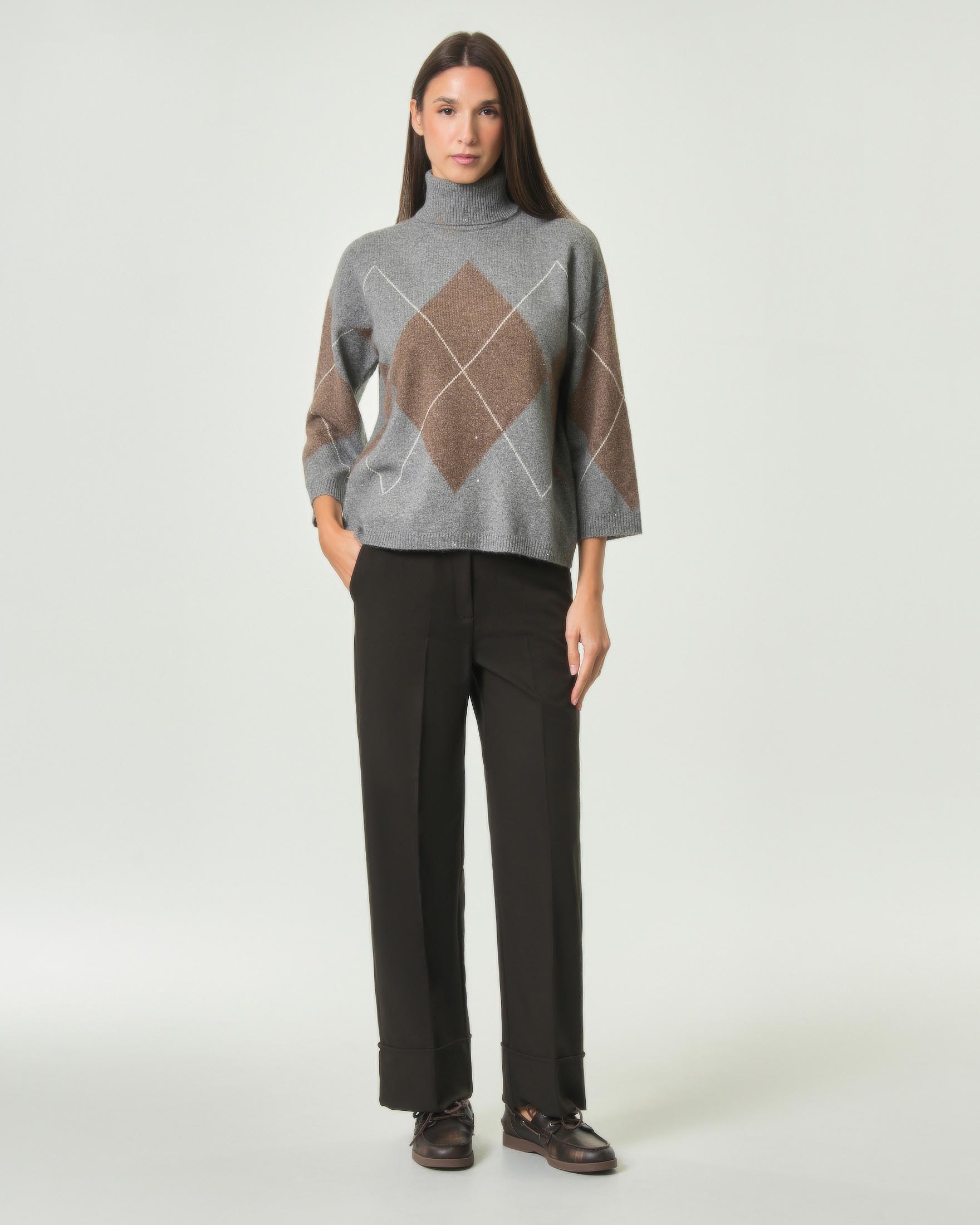 Pantalone dritto Emme Marella marrone in gabardina di misto viscosa stretch