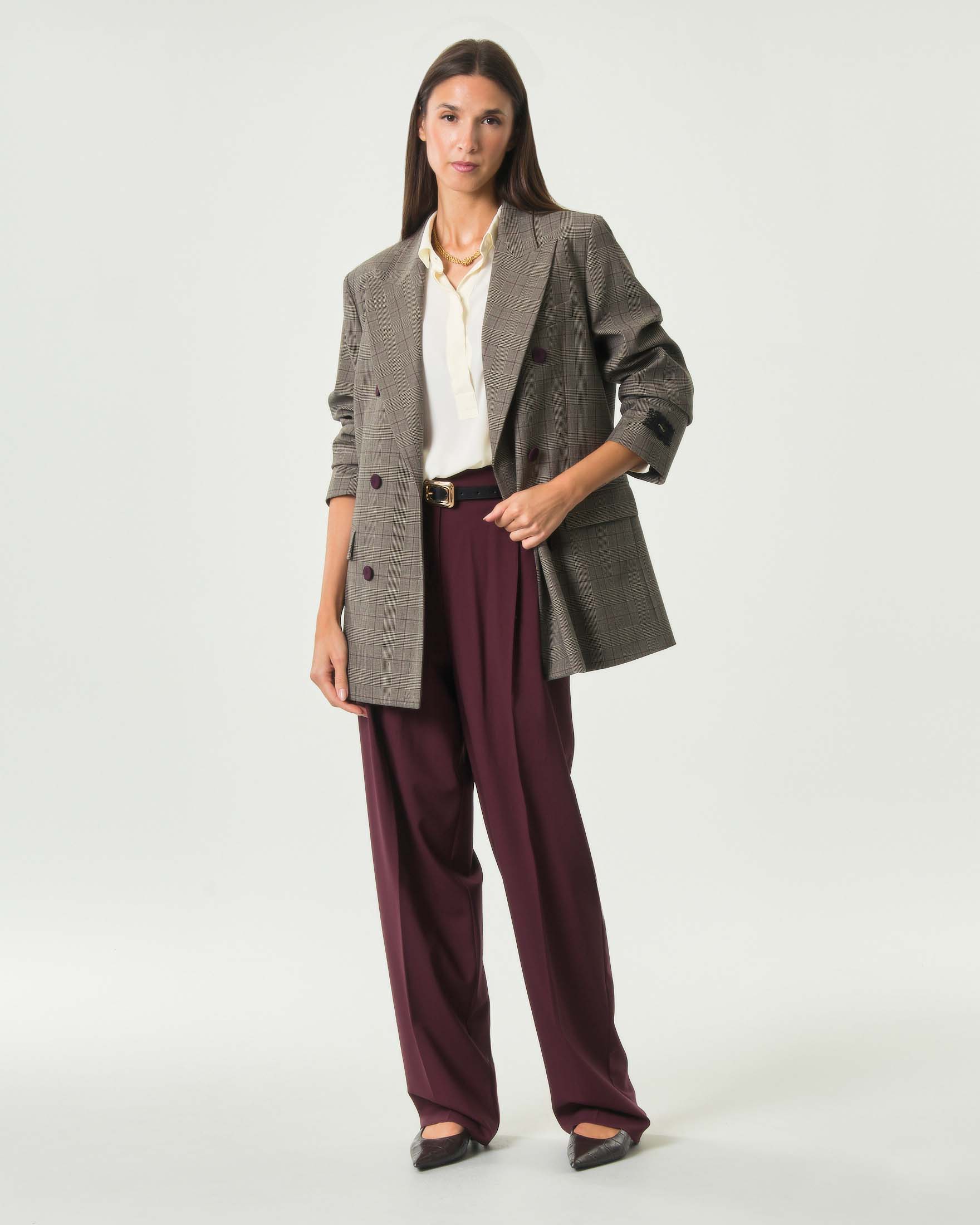 Pantalone sartoriale straight Marella bordeaux in lana vergine a vita alta con pince