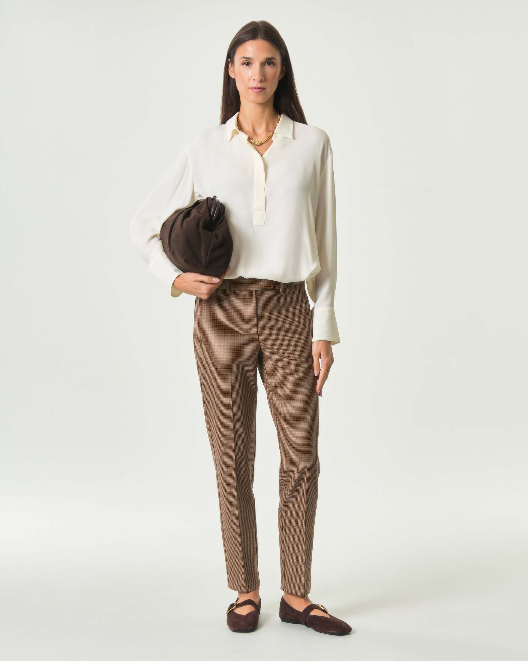 Pantaloni straight Marella cammello in misto lana bistretch a pied de poule con passanti da cintura