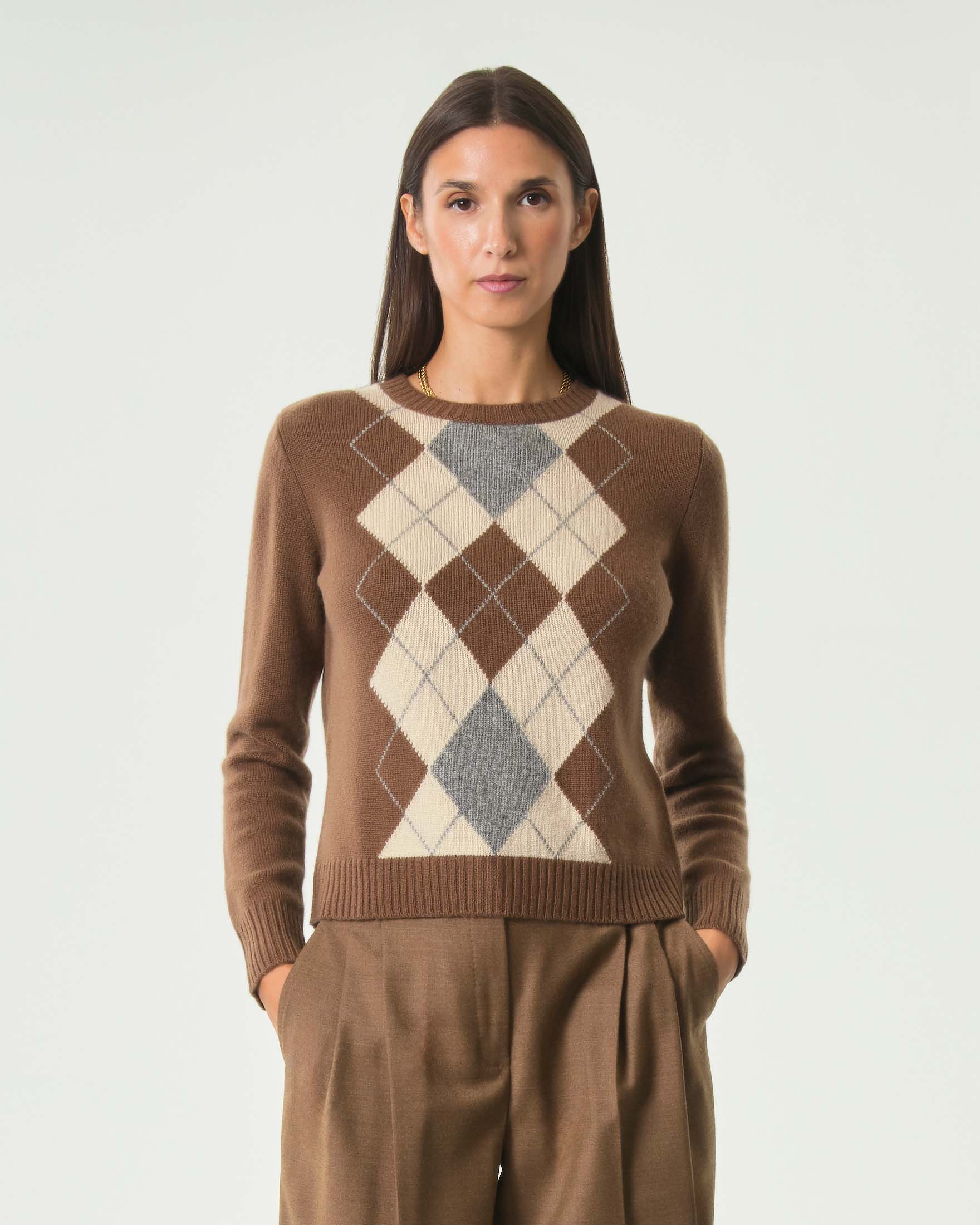 Maglia girocollo Max Mara Studio color cuoio in lana e cachemire con motivo Argyle burro